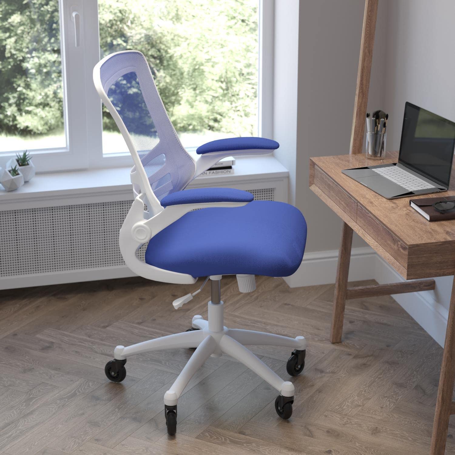 Flash Furniture Kelista Mid-Back Blue Mesh Swivel Ergonomic Task Office Chair With White Frame, Flip-Up Arms, And Transparent Roller Wheels