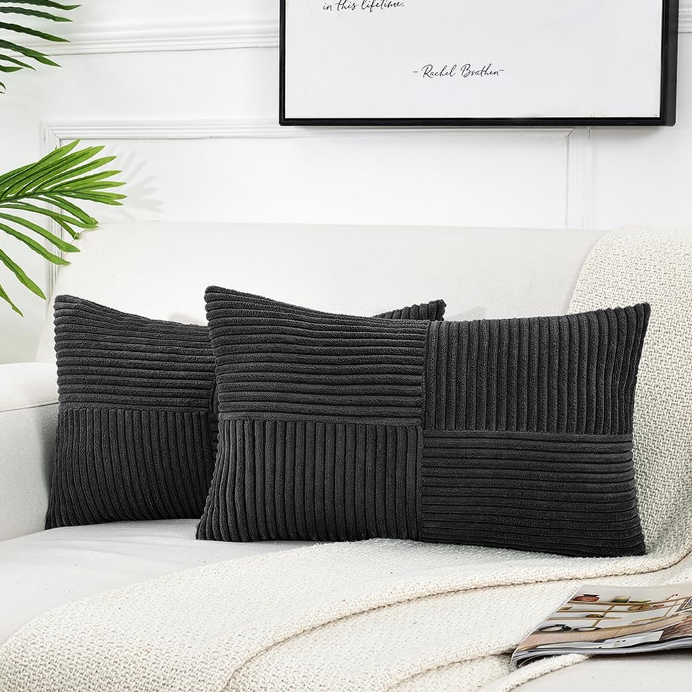 Fancy Homi 2 Packs Black Long Lumbar Decorative Throw Pillow Covers 16X24 Inch For Couch Bed Sofa, Rustic Farmhouse Boho Home De