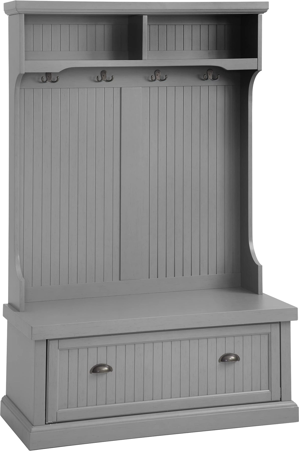 Crosley Furniture Seaside Hall Tree with Shoe Rack Bench and Coat Hooks for Hanging Storage, Distressed Gray