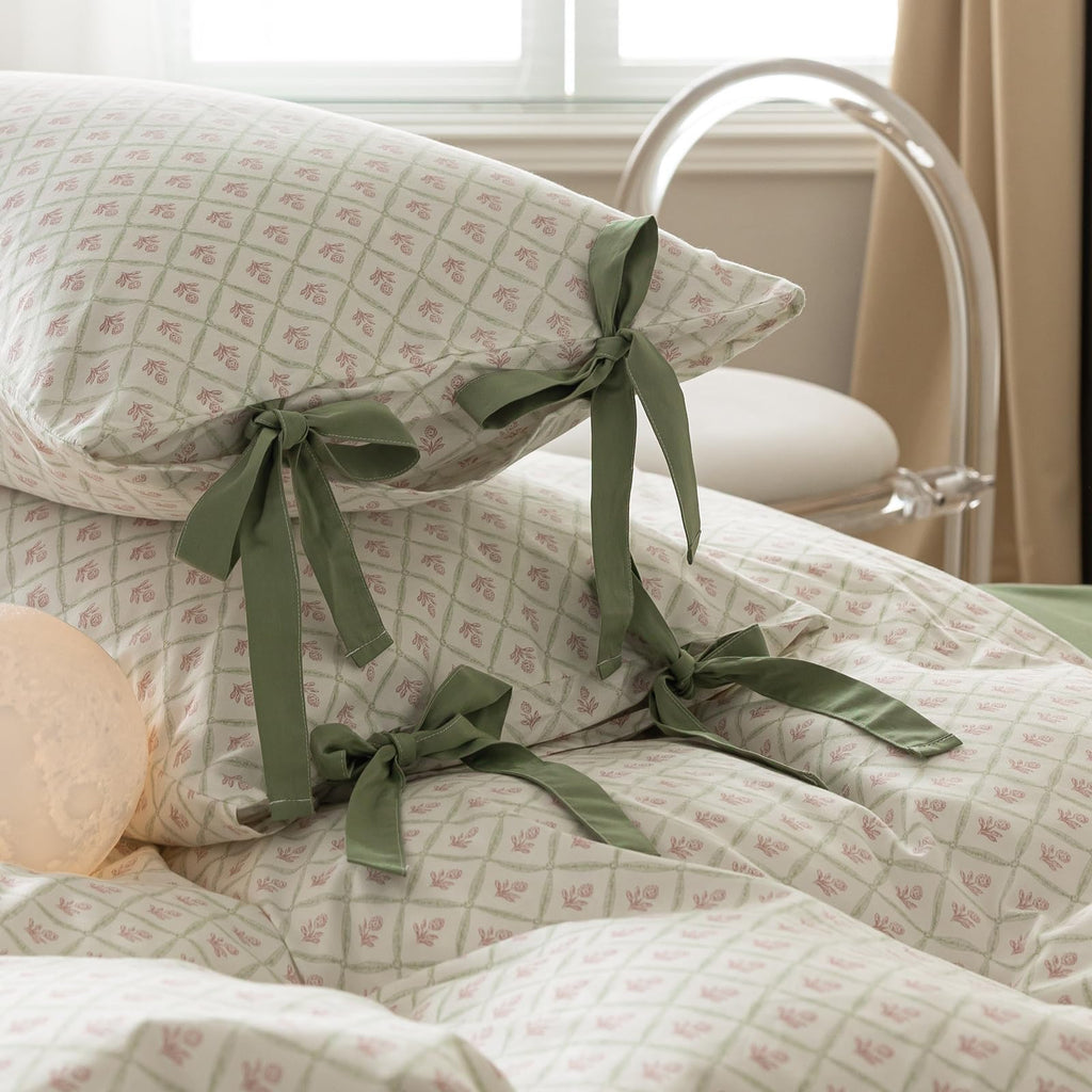 Lifetb Boho Floral Duvet Cover Queen Garden Style Pink Flower Duvet Cover Cotton Plaid Grid Comforter Cover With 2 Bowknot Pillo