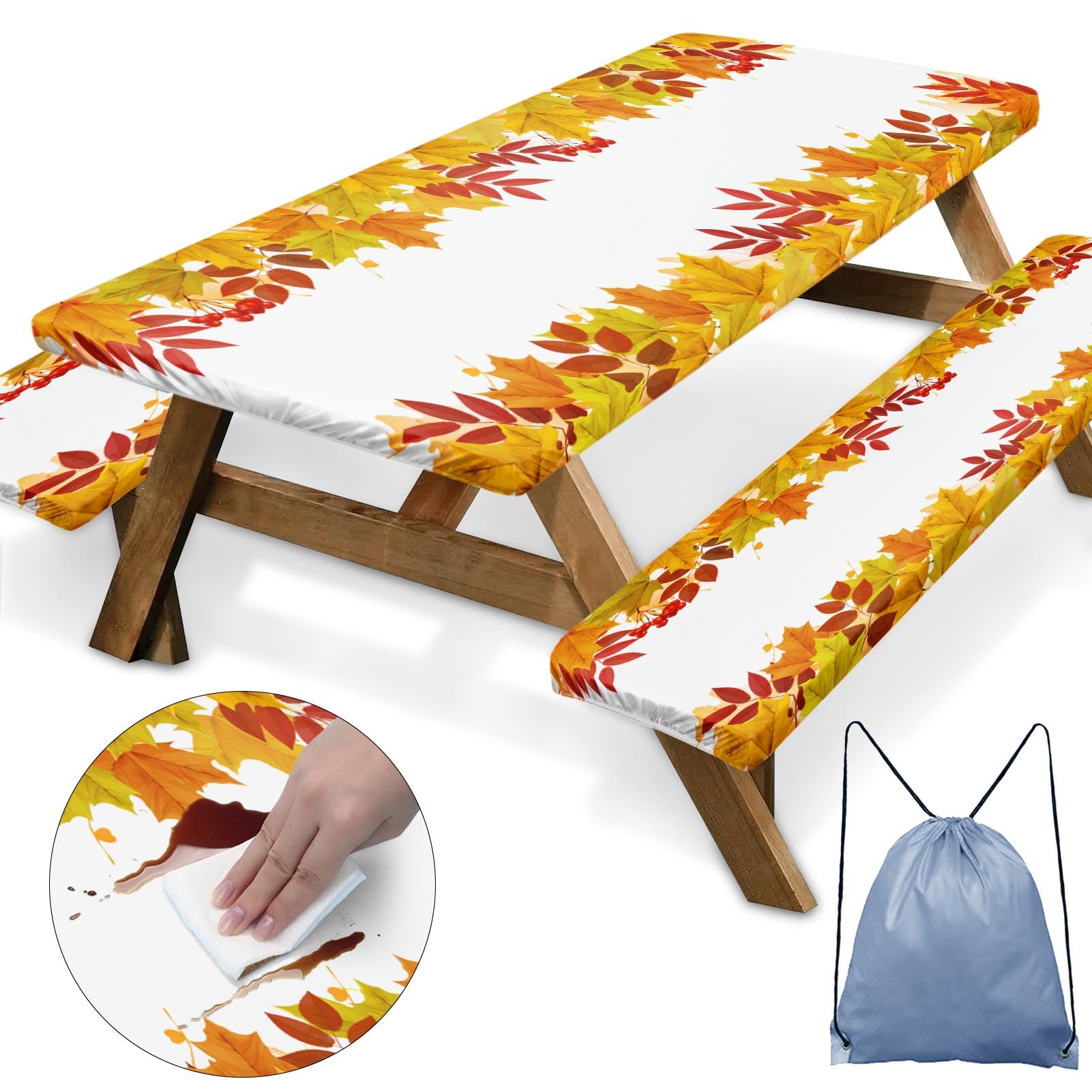 Britown Brown Wooden Picnic Table Cover With Bench Covers, Happy Camper Fitted Rectangle Table Cover, Outdoor Patio Camping Esse