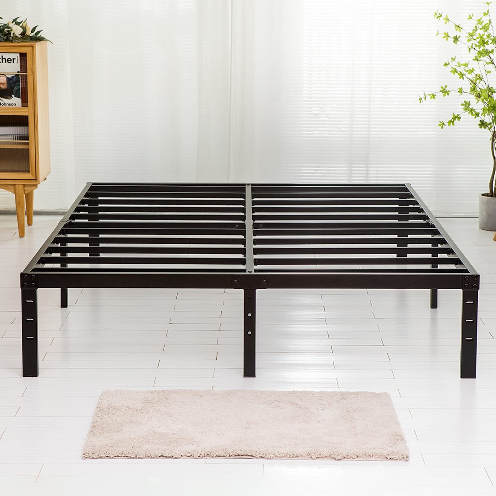 Wulanos Queen Size Bed Frame 18 Inch Tall, 3500Lbs Heavy Duty Metal Platform With Steel Slats Support, No Box Spring Needed, 18-Inch Bedframe With Ample Storage, Sturdy And Noise-Free, Black