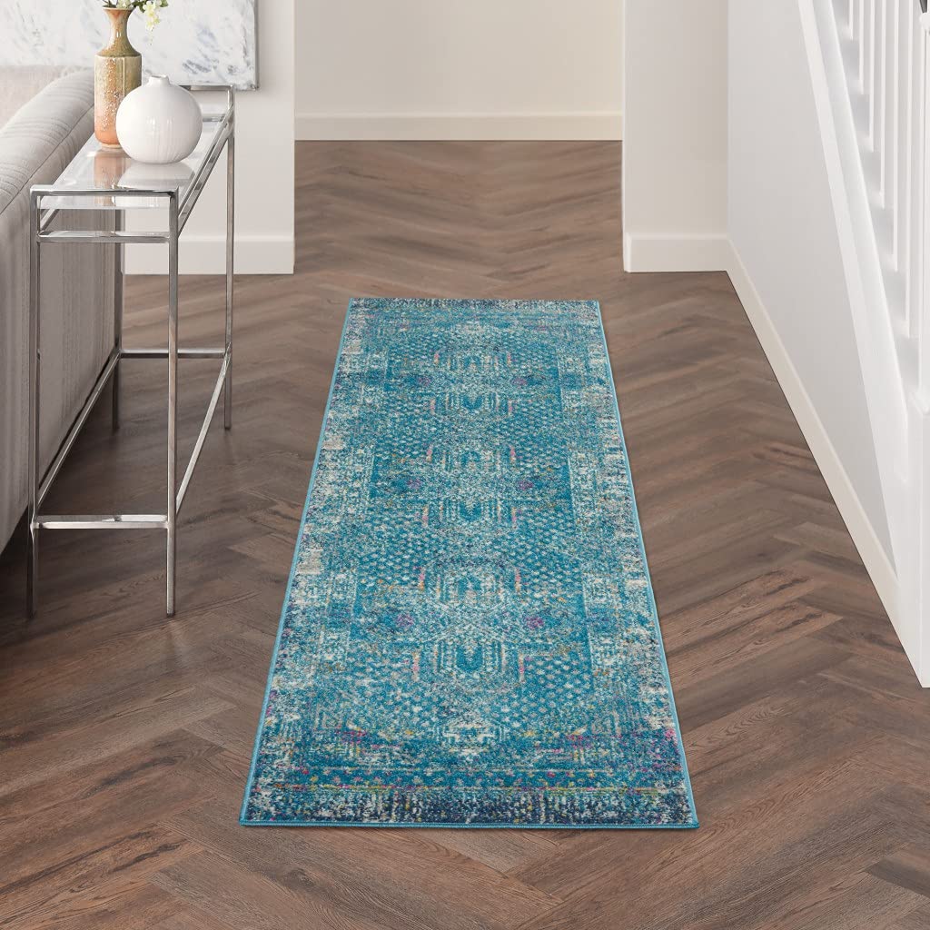 HomeRoots 100% Polypropylene 2â?? x 10â?? Blue Distressed Medallion Runner Rug
