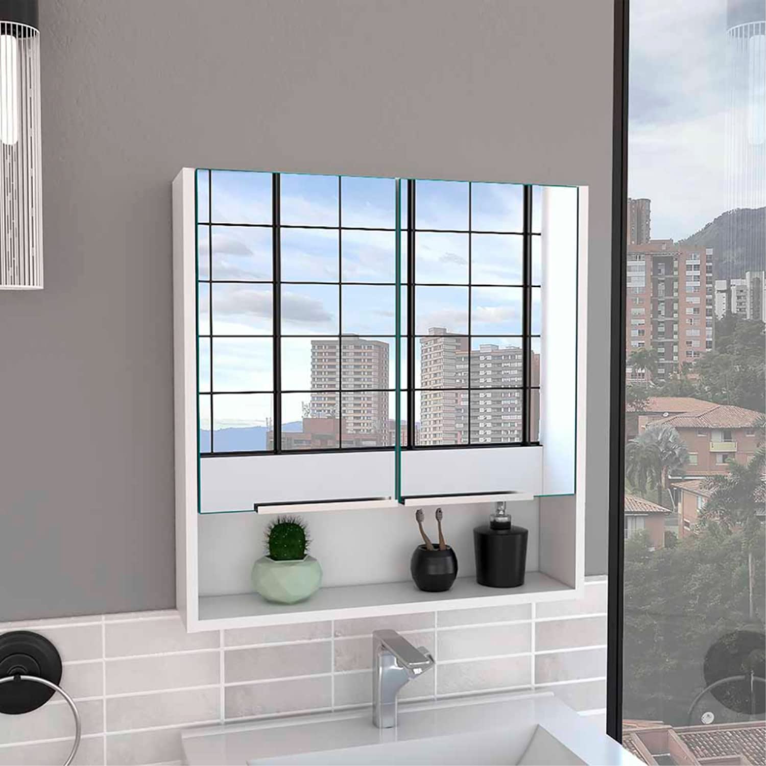 Tatacoa 25-inch Tall Double Door Mirror Cabinet with Open Shelf, and 3 Interior Shelves, White