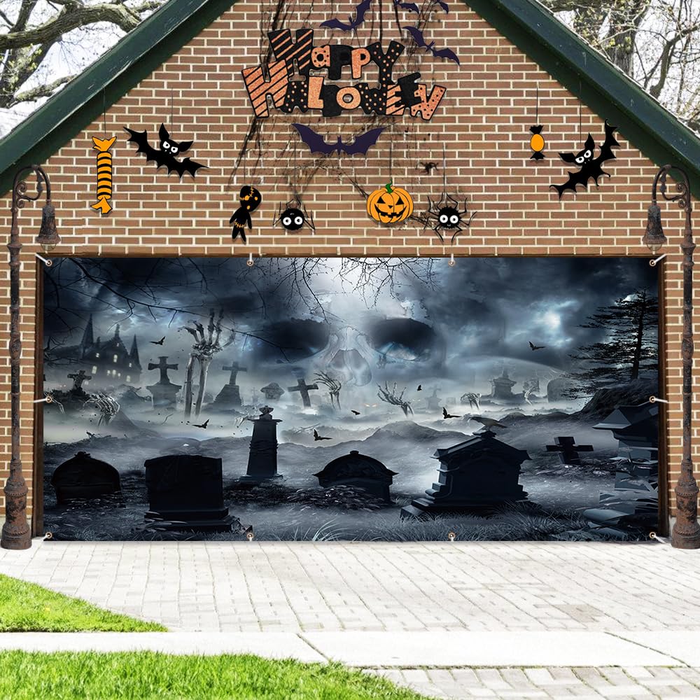 Aibiin 13X6Ft Halloween Garage Door Banner Happy Halloween Door Cover Hanging Halloween Garage Door Decorations Skull Cemetery H