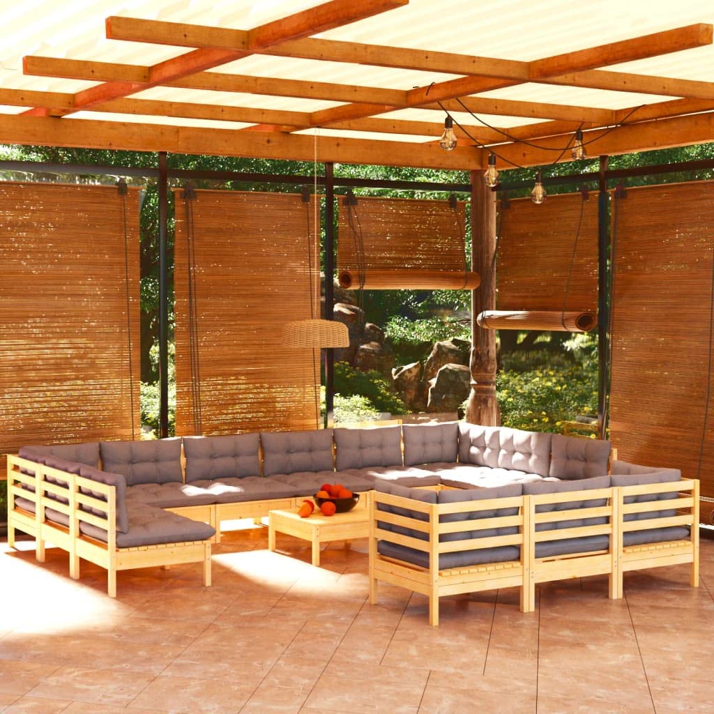 vidaXL 14 Piece Patio Lounge Set with Gray Cushions - Solid Pinewood Garden Furniture, Configurable Layout, Perfect for Outdoor Relaxation and Entertainment