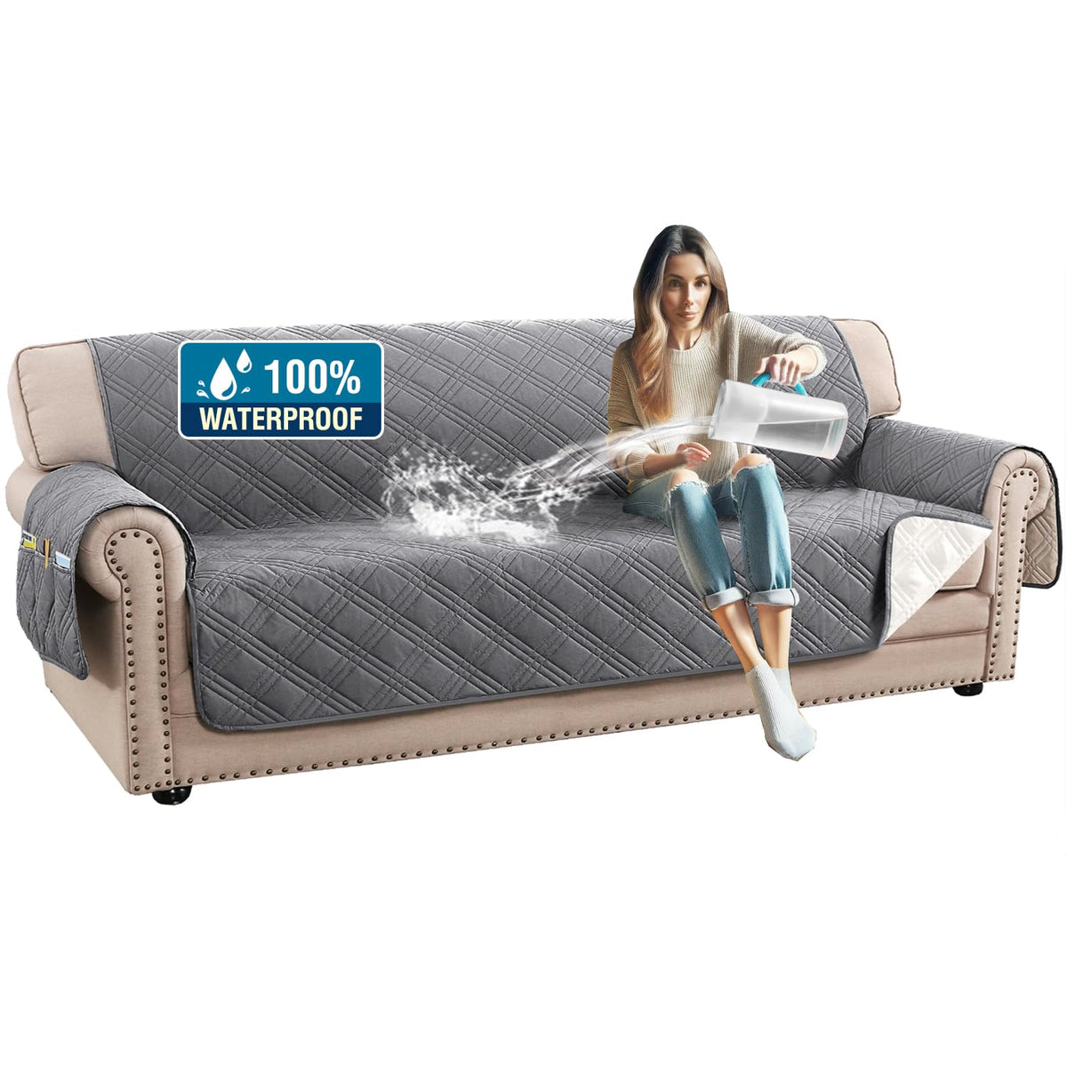 H.Versailtex 100% Waterproof Sofa Covers For 3 Cushion Couch Modern Sofa Cover For Dogs Xl Couch Covers For Oversized Sofa With Elastic Straps (Oversized Sofa, Grey/Beige)