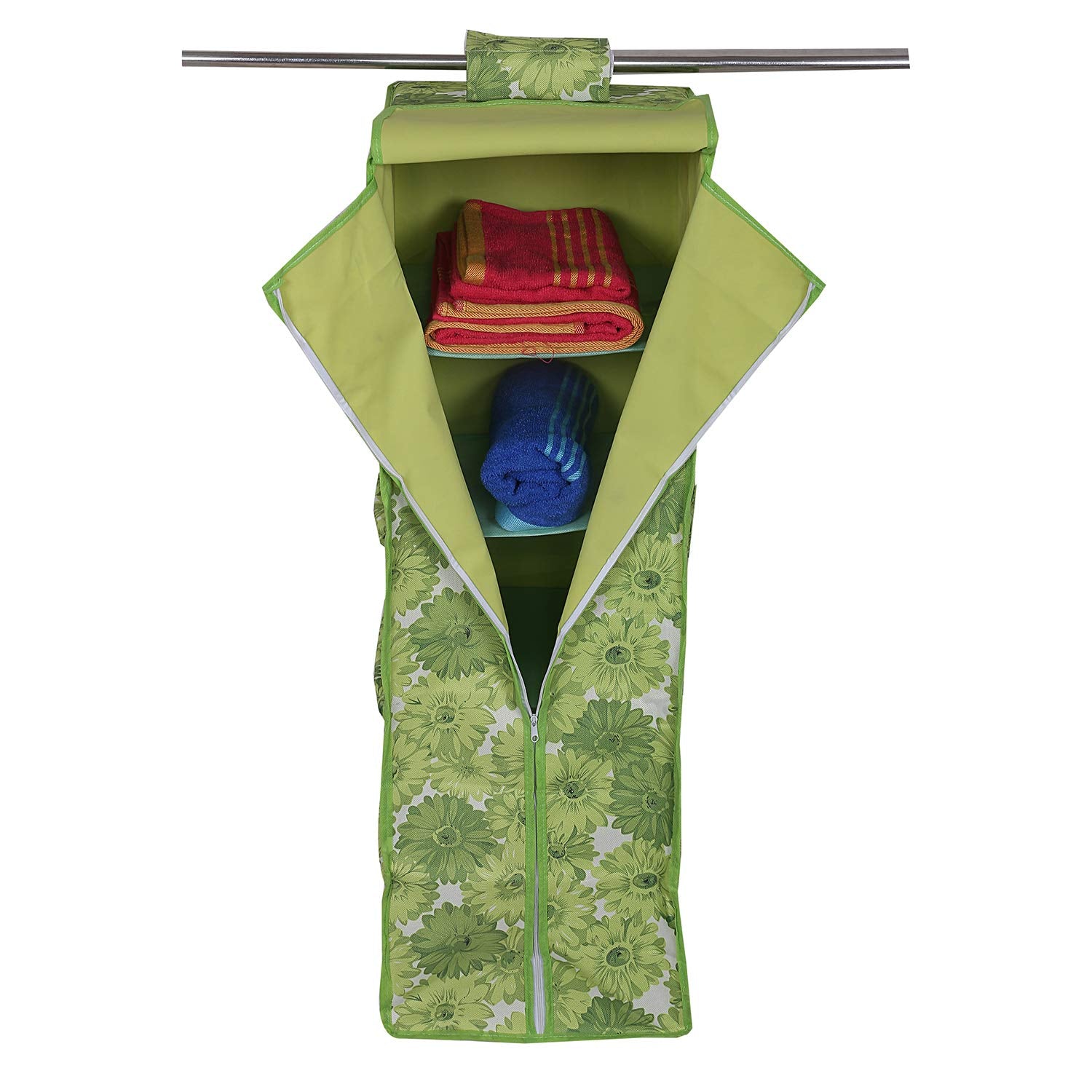 Kuber Industries Rexine Hanging 5 Shelf Wardrobe Organiser (Green),Ctktlug876