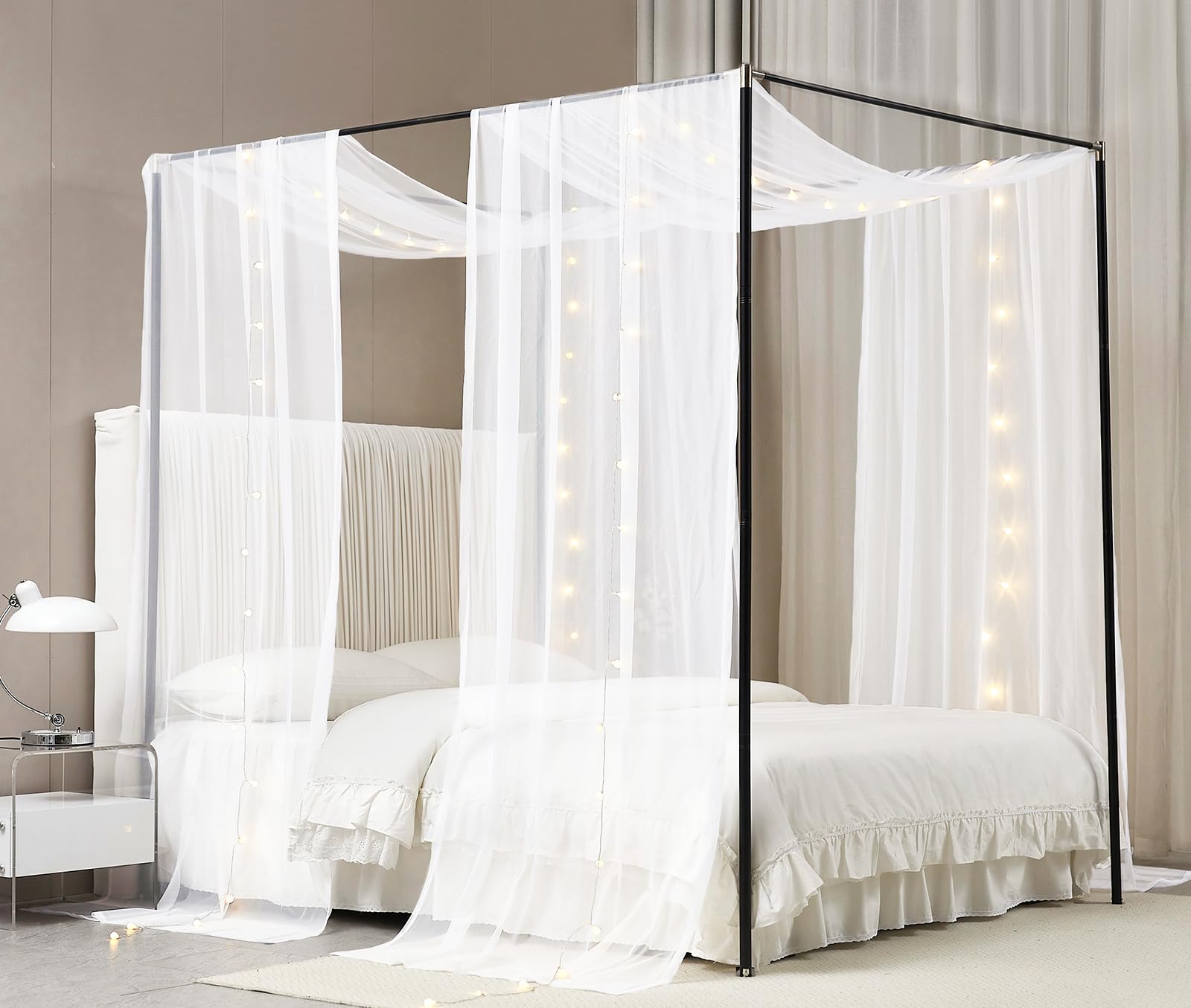 Akiky Canopy Bed Curtains With Light Princess Bed Canopy Scarf For Full/Queen Metal Bed Frame,Wood Frame Bed-2 Panel Sheer Curta