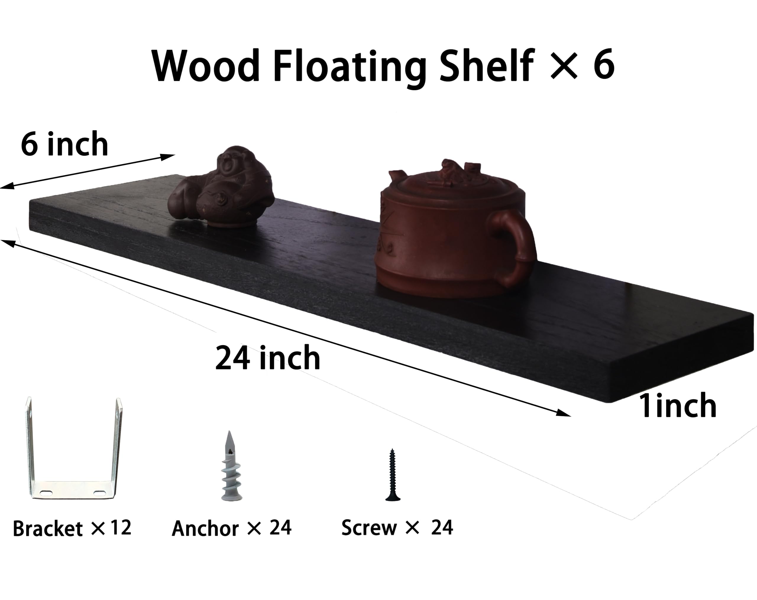 Hxswy 24 Inch Rustic Floating Shelves Wall Mounted Farmhouse Wooden Wall Shelf For Bathroom Kitchen Bedroom Living Room Set Of 6 Black