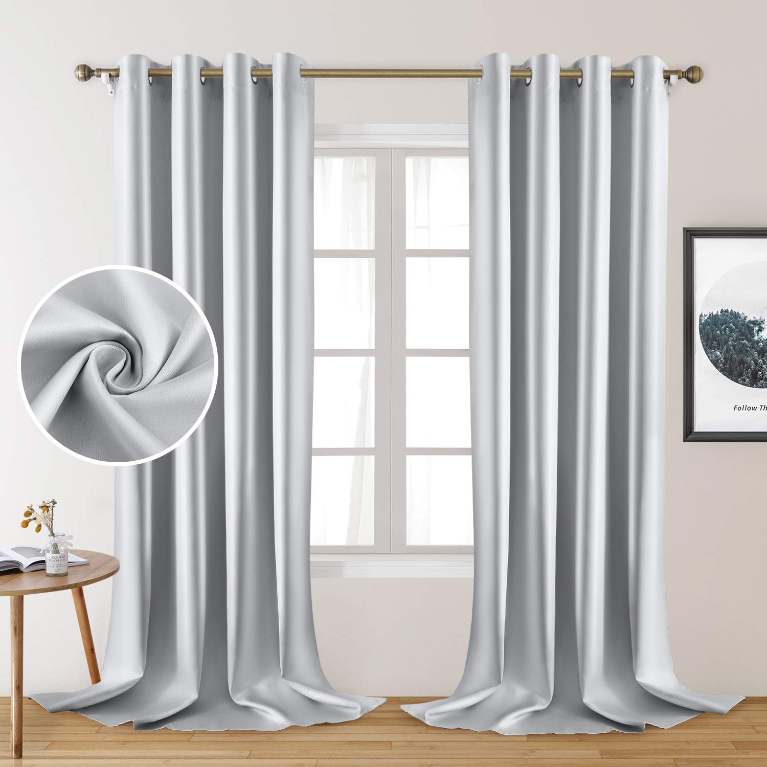 HOMEIDEAS 2 Panels Greyish White Faux Silk Curtains White Blackout Curtains for Bedroom 52 X 108 Inch Room Darkening Satin Drape