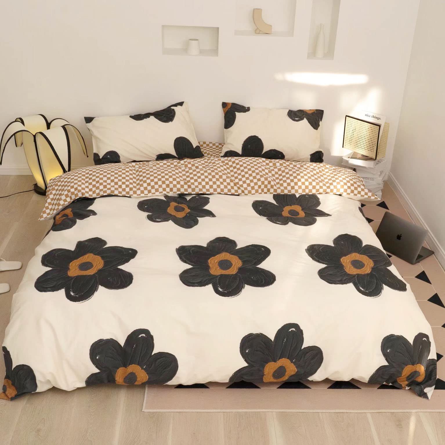 Karever Black And White Comforter Set Black Floral Bedding King Comforter Set Hand-Drawn Flowers Cotton Women Modern Elegant Chi