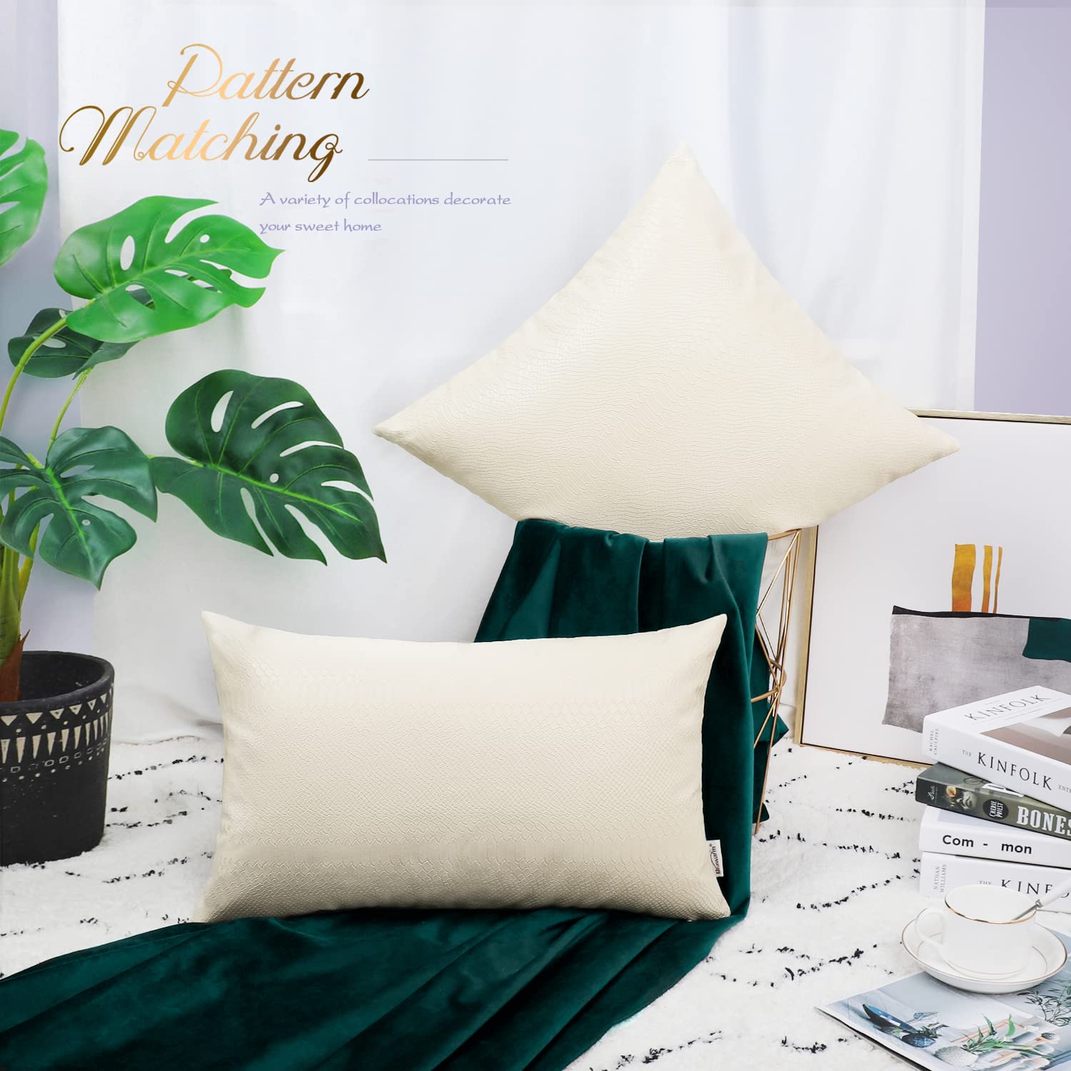 Brawarm Ivory White Leather Throw Pillows 18 X 18 Inches, Snake Leather Pillow Covers Pack Of 2, Faux Leather Decorative Pillow