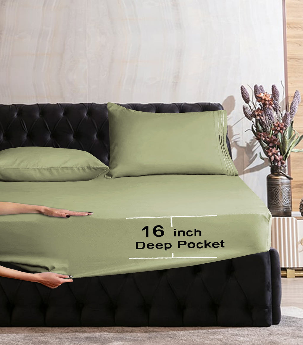 Mocassi Queen Sheet Set - Luxury Hotel 1800 Premier Bedding Sheets & Pillowcases - Ultra Soft Breathable & Cooling Bed Sheets - Deep Pocket - Wrinkle Resistant - 6 Piece Set - Queen, Sage Green