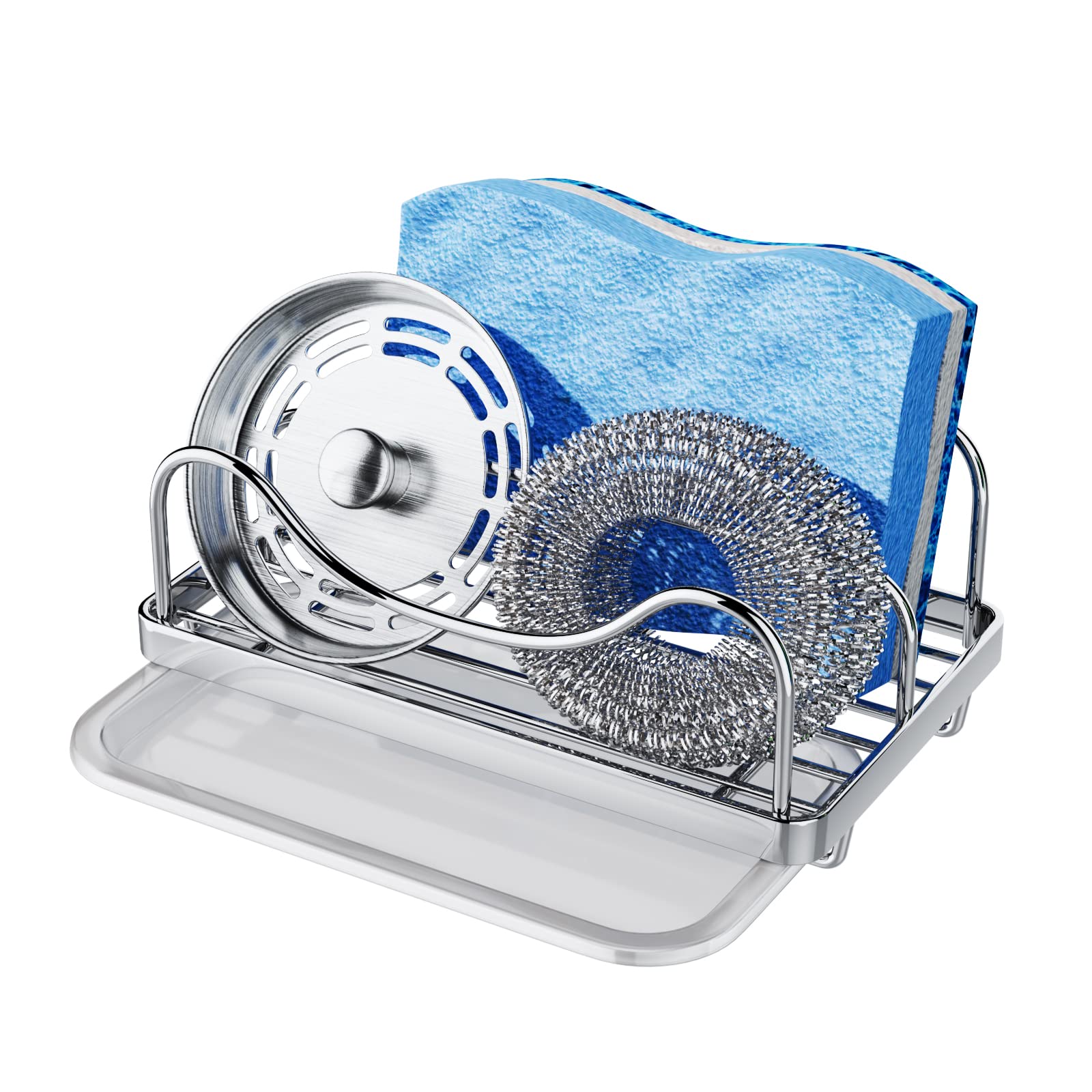 Consumest Sponge Holder for Kitchen Sink, Movable Sink Caddy for Countertop Organizer, 304 Stainless Steel Sink Sponge Holder wi