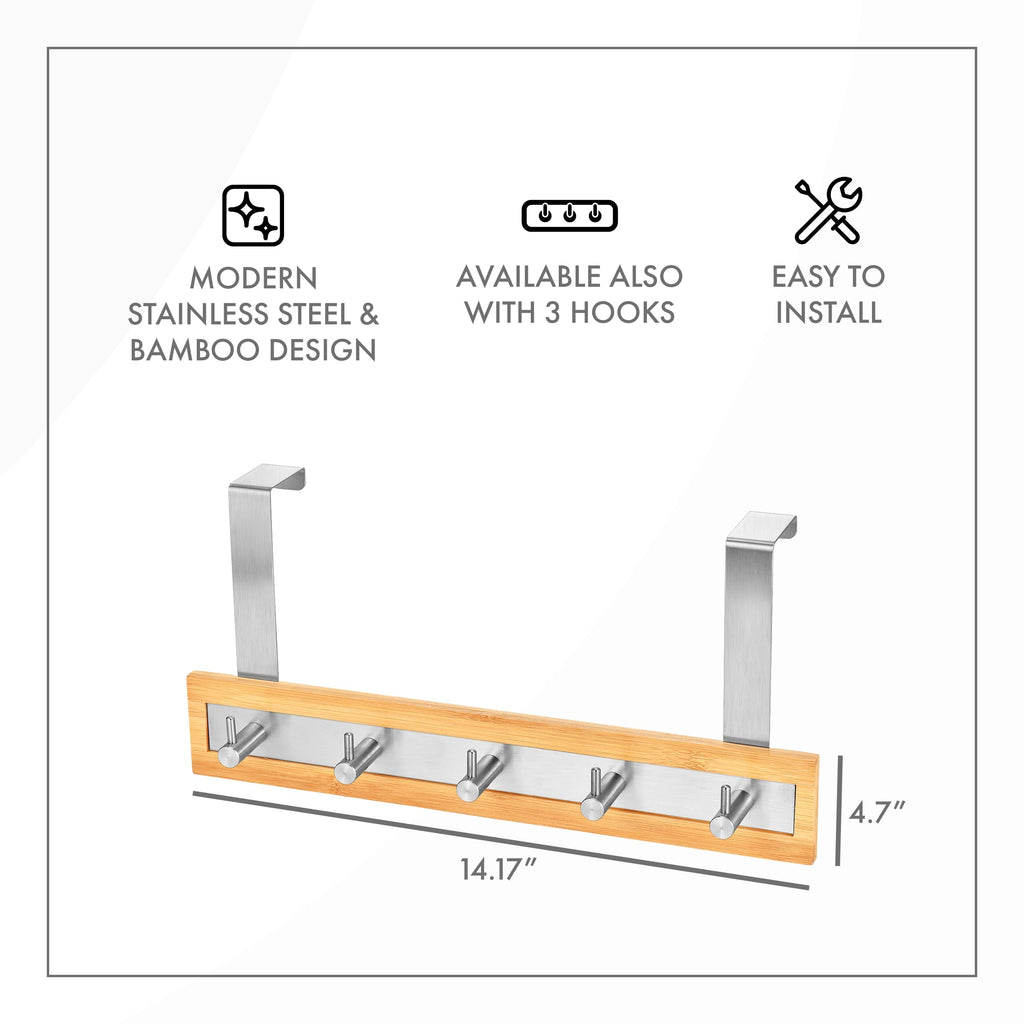 Toilettree Products Bamboo Stainless Steel Over-The-Door Towel Hooks - Durable Coat, Clothes, And Towel Rack To Use In The Bathr