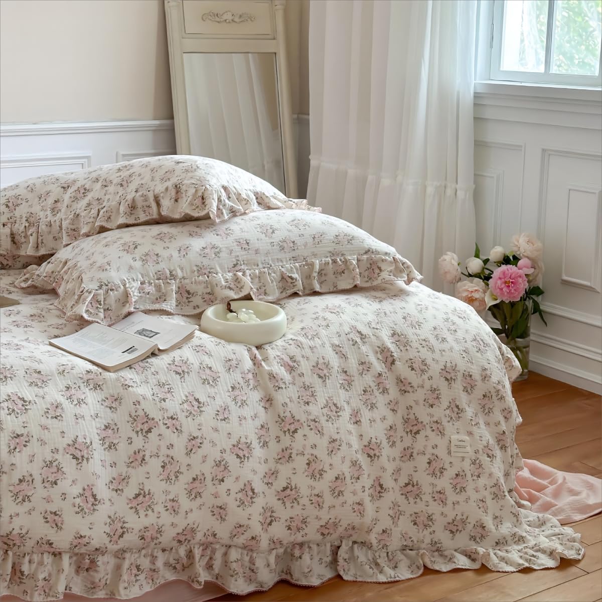 Bulutu Muslin Duvet Cover Full For Kids Adults Elegant Pink Floral Duvet Covers With Ruffles Soft Breathable Comforter Cover Qui
