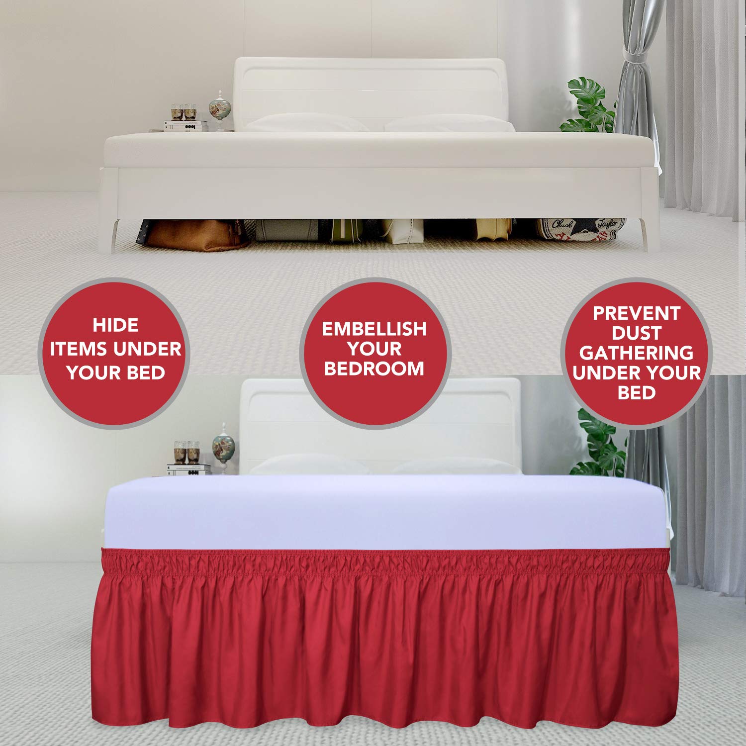 Purefit Wrap Around Ruffled Bed Skirt With Adjustable Elastic Belt - 14 Inch Drop Easy To Put On, Wrinkle Free Bedskirt Dust Ruffles, Bed Frame Cover For Twin, Twin Xl And Full Size Beds, Red
