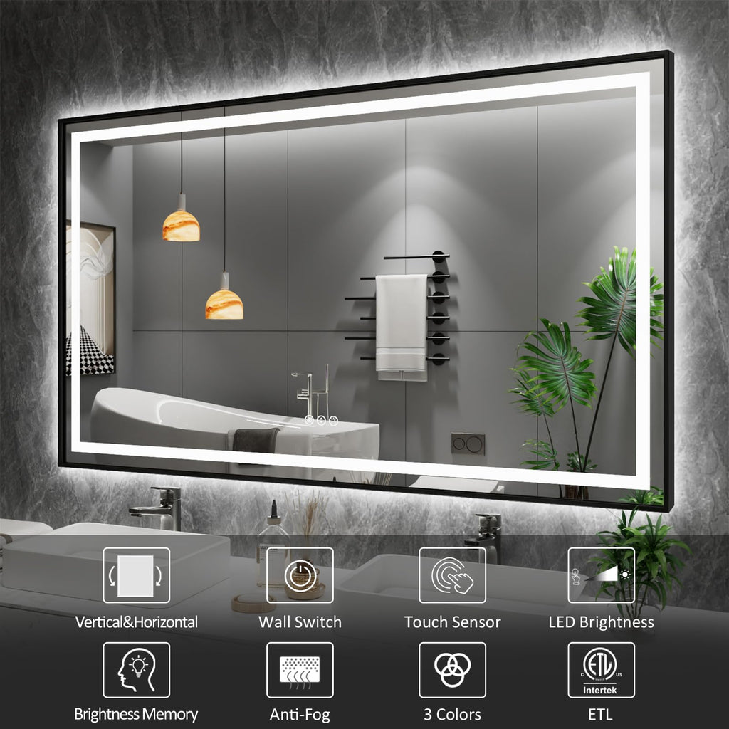 Amorho 60''X 40'' Led Bathroom Mirror Framed, Front Light And Backlit, Stepless Dimmable, Anti-Fog, Shatter-Proof, Memory, 3 Col