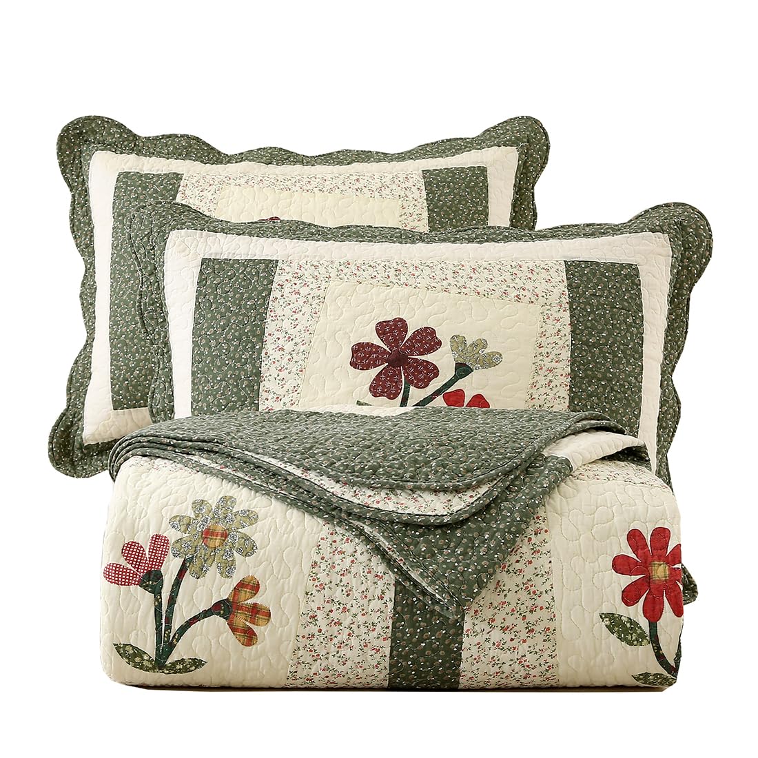 Vctops Farmhouse Green 3 Piece Embroidered Floral Quilted Bedspread Quilt Set 100% Cotton Reversible Patchwork Coverlet Set 1 Qu