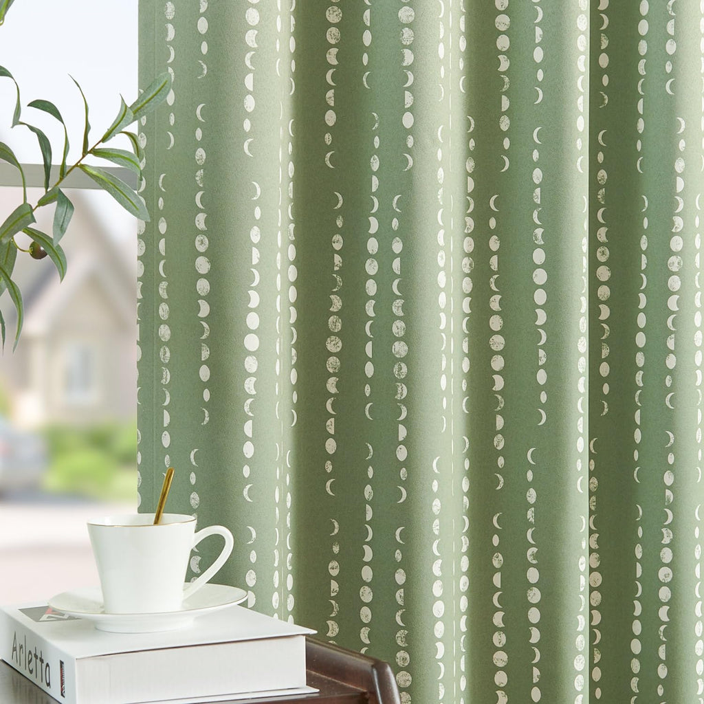 Jinchan 100% Blackout Boho Curtains Moon Phases Printed Bedroom Curtains 90 Inches Long Sage Green Drapes Rod Pocket Back Tab Thermal Insulated Curtains For Nursery Window Drapes Curtain Set 2 Panels