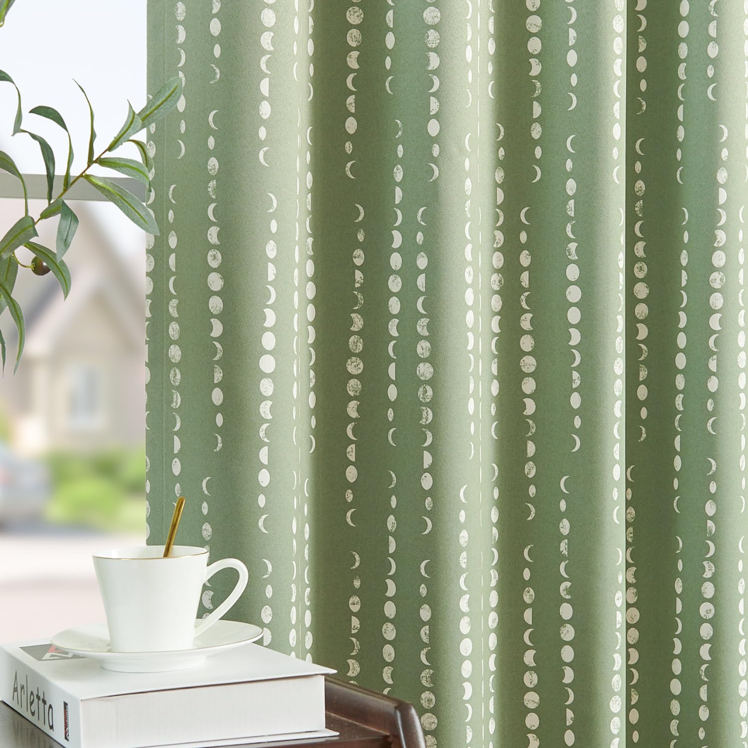 Jinchan 100% Blackout Boho Curtains Moon Phases Printed Bedroom Curtains 96 Inches Long Sage Green Drapes Rod Pocket Back Tab Th