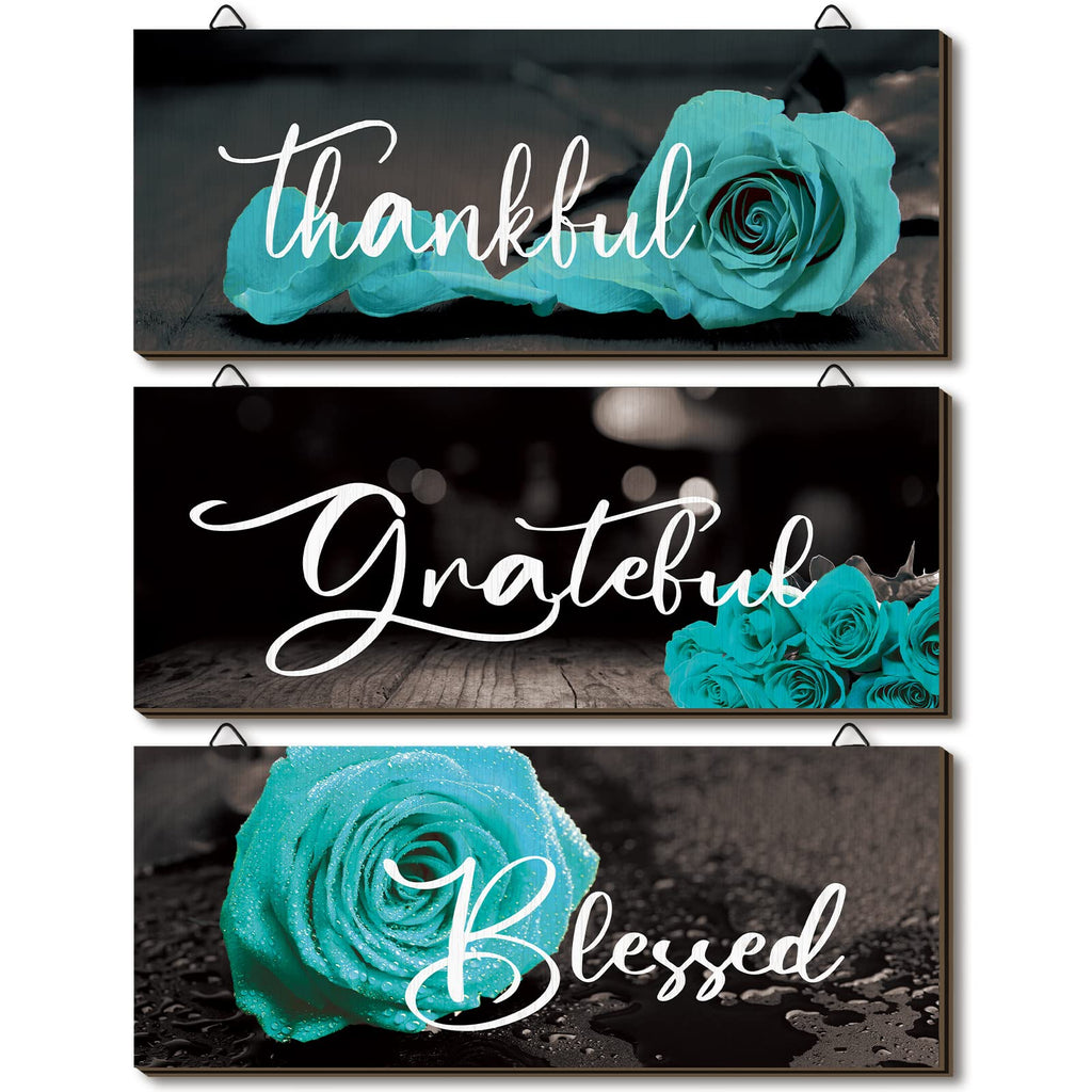 Hillban 3 Pieces Rose Wooden Wall Decor Thankful Grateful Blessed Wooden Signs Inspirational Wall Art Signs Wedding Wall Decor f