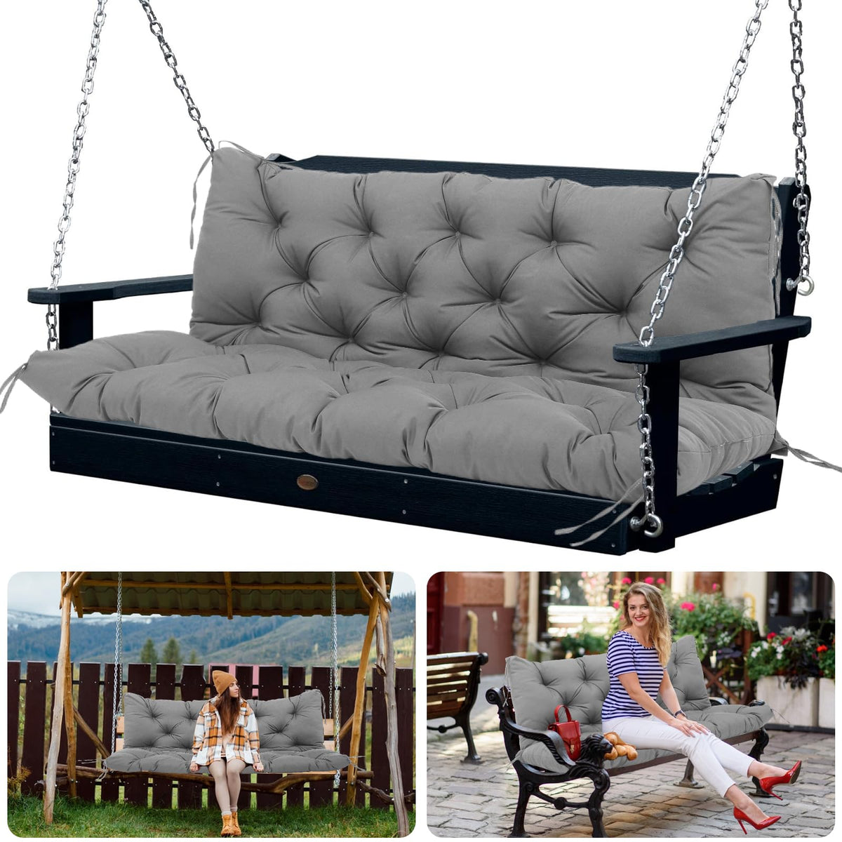 Outdoor Swing Cushion Replacement Waterproof Porch Swing Cushions With Backrest Extra Thick 5' Bench Cushions With Ties For Out