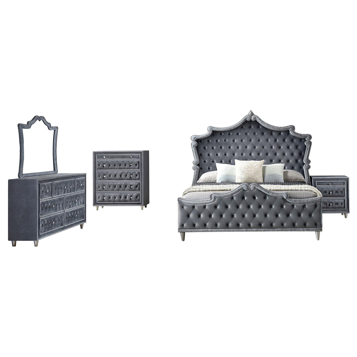 Coaster Home Furnishings Antonella Modern Classic 5-Piece Bedroom Set Velvet Upholstered Eastern King Size Panel Bed Frame 79-Inch Headboard Grey 223581Ke-S5