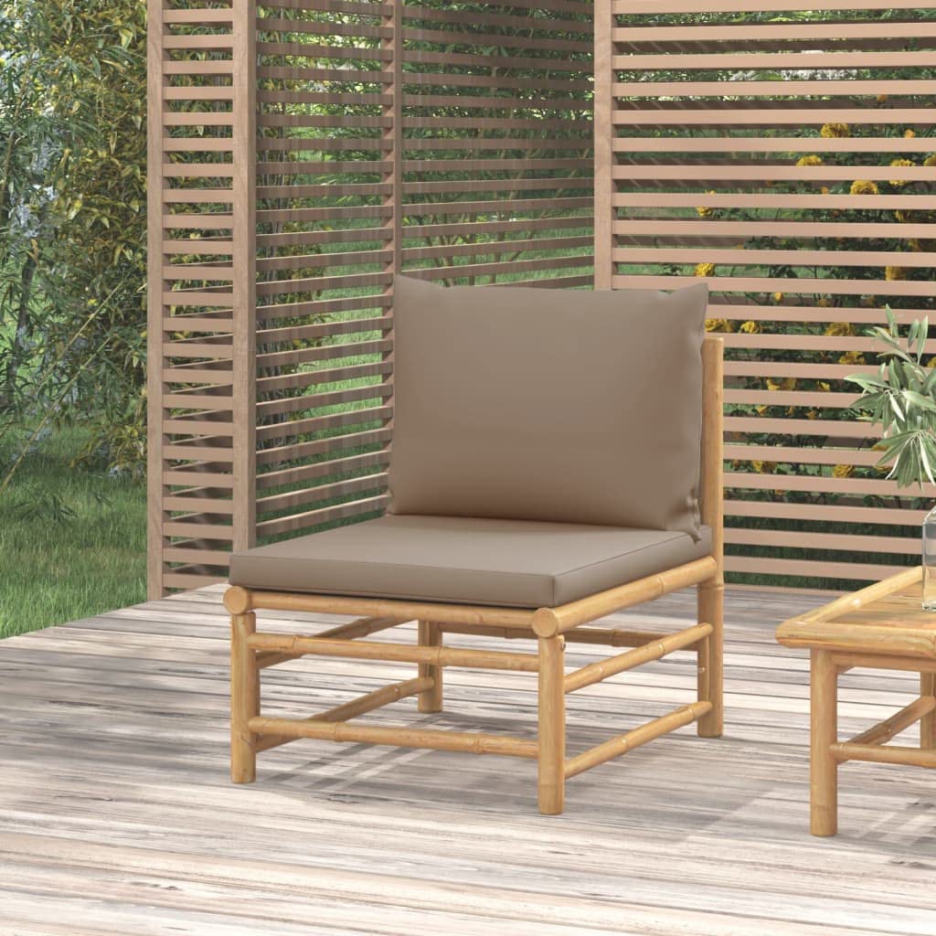 vidaXL Bamboo Patio Middle Sofa with Taupe Cushions, Outdoor Comfortable Lounge Set, Modular Design, Easy Assembly