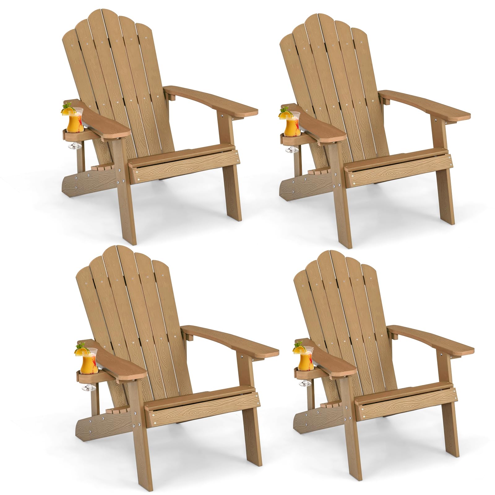 Oralner Outdoor Adirondack Chair With Cup Holder, Plastic Resin Outdoor Deck Chair, 380 Lbs Capacity, For Patio, Backyard, Porch, Balcony, Poolside, Garden, Lawn, Firepit (4, Coffee)