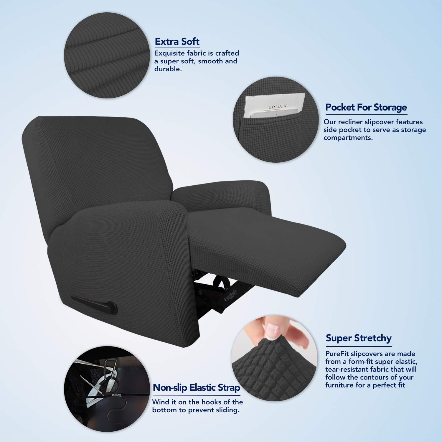 Purefit Stretch Recliner Sofa Slipcover With Pocket – Spandex Jacquard Non Slip Soft Couch Sofa Cover, Washable Furniture Protector With Elastic Bottom For Kids (Recliner, Dark Gray)