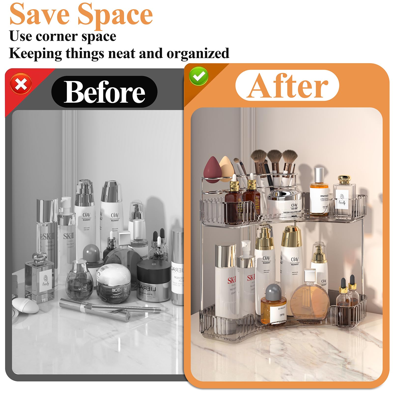 2 Tier Corner Bathroom Counter Organizer, Bathroom Countertop Shelf With Makeup Brush Holder, Makeup Organizer For Vanity Perfum