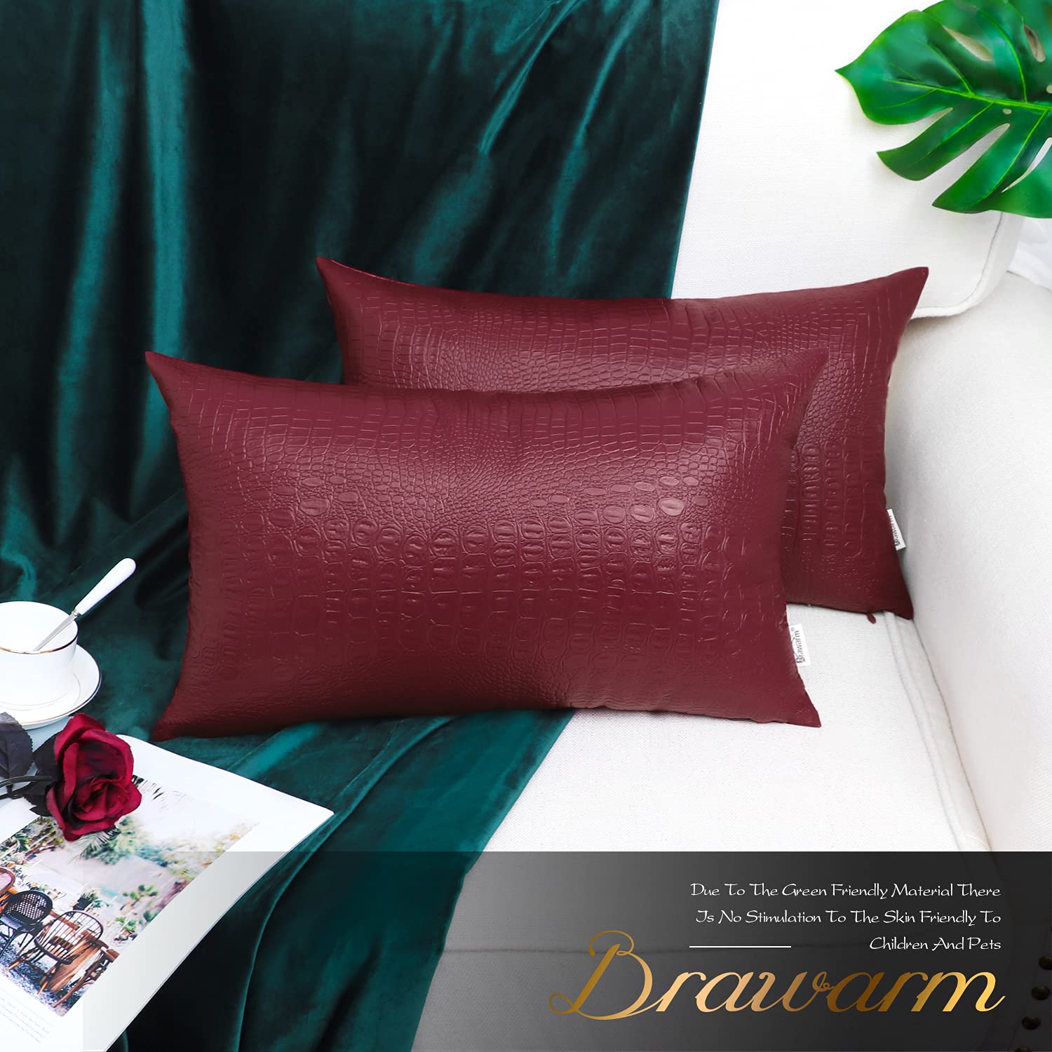 Brawarm Faux Leather Pillow Covers 12 X 20 Inches, Burgundy Leather Pillow Covers Pack Of 2, Crocodile Leather Decorative Lumbar
