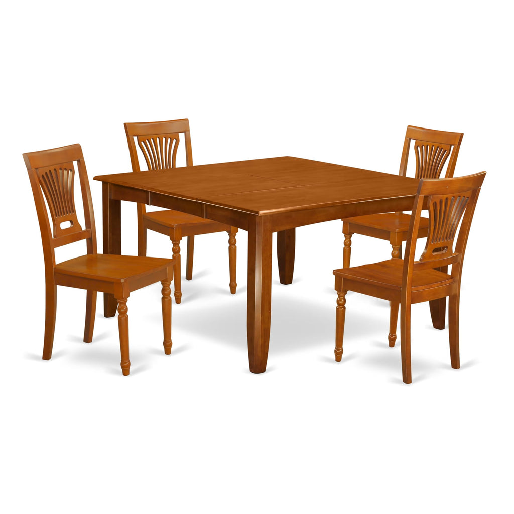 East West Furniture PFPL5-SBR-W 5 Piece Kitchen Table & Chairs Set Includes a Square Dining Room Table with Butterfly Leaf and 4 Dining Chairs, 54x54 Inch, Saddle Brown