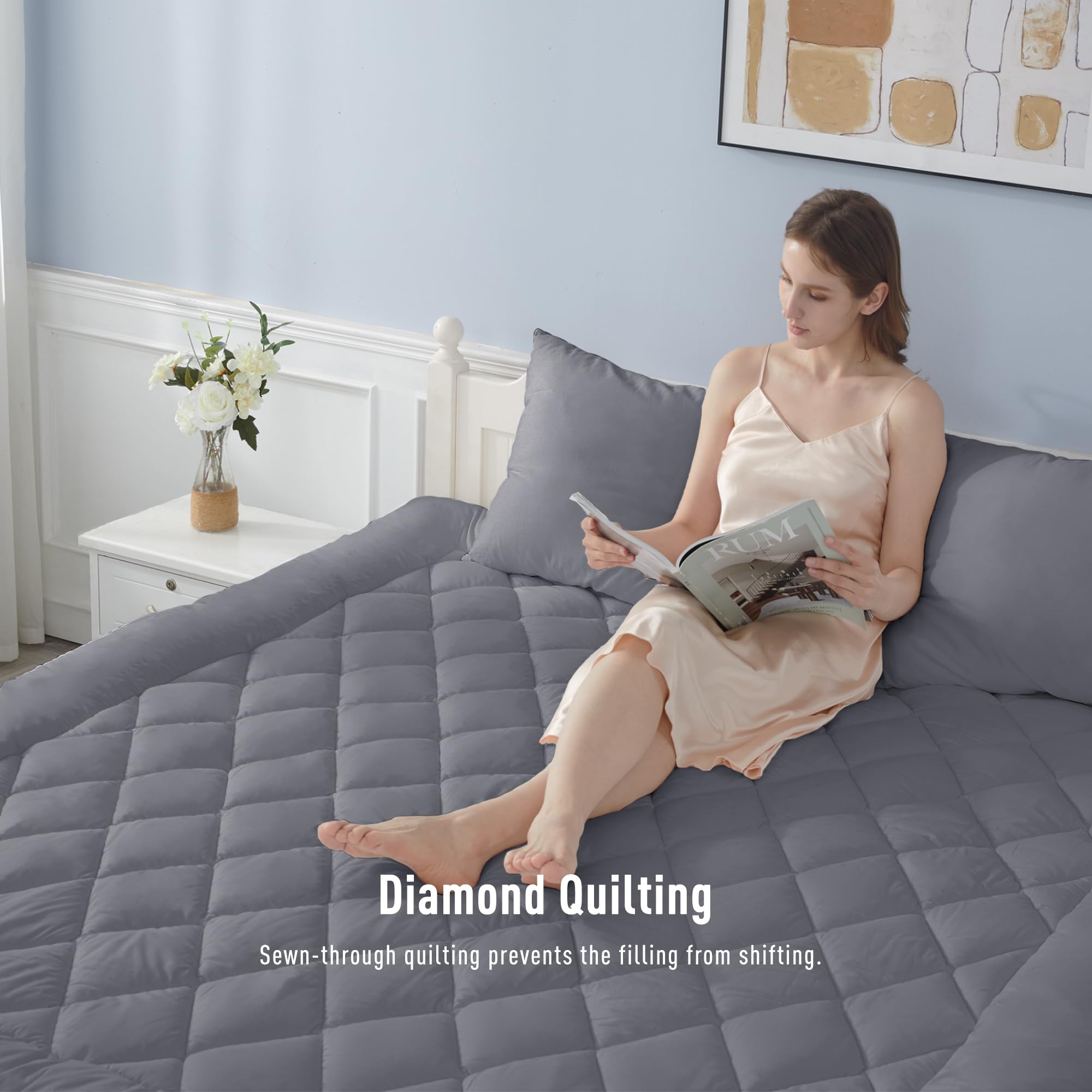 Homtec Queen Size Mattress Pad Cotton Top Mattress Cover Quilted Fitted Mattress Protector With 18-22'' Deep Pocket Down Alterna