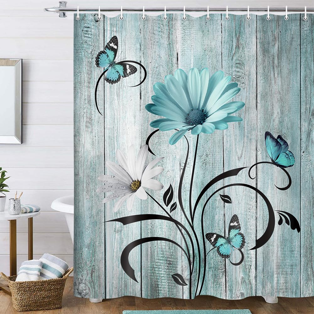 Rustic Farmhouse Floral Shower Curtain, Farm Boho Teal Daisy Flowers and Butterfly on Country Wooden Shower Curtain for Bathroom