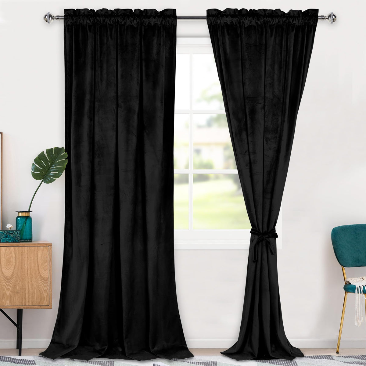Hiasan Black Velvet Curtains 120 Inches-Blackout Thermal Insulated Solid Soft Curtains For Bedroom Living Room Rod Pocket Room D