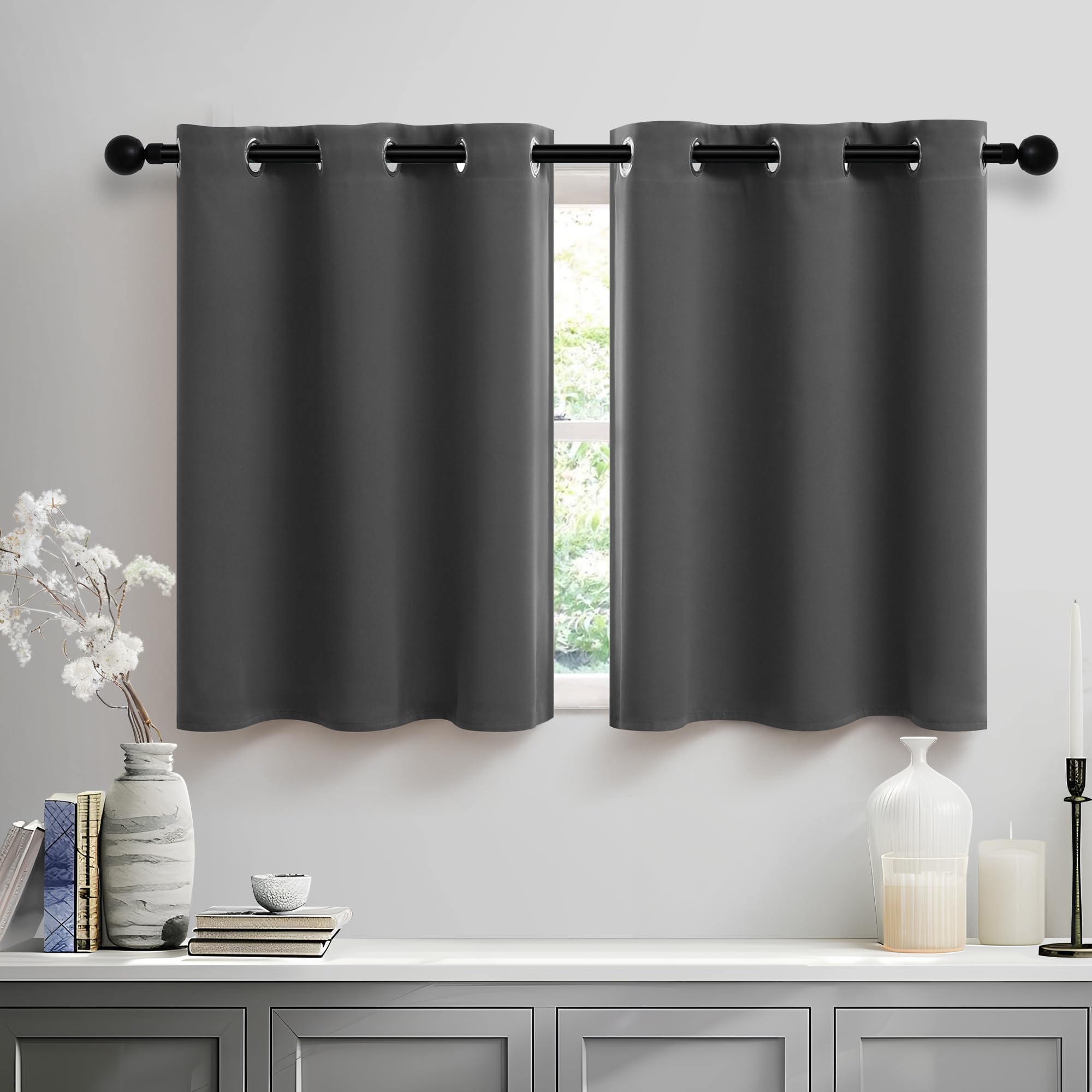 Camper RV Dark Grey Short Curtains 24 Inch Length Room Darkening Blackout Grommet Small Gray Tier Curtain for Kitchen Bathroom L