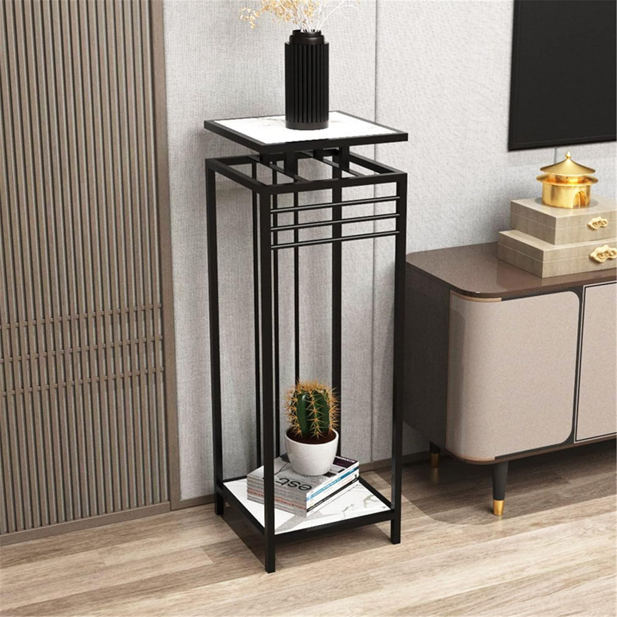Weston Crafts Plant Table Indoor,Flower Pot Holder with 2 Tier Square Shelving Unit,Living Room