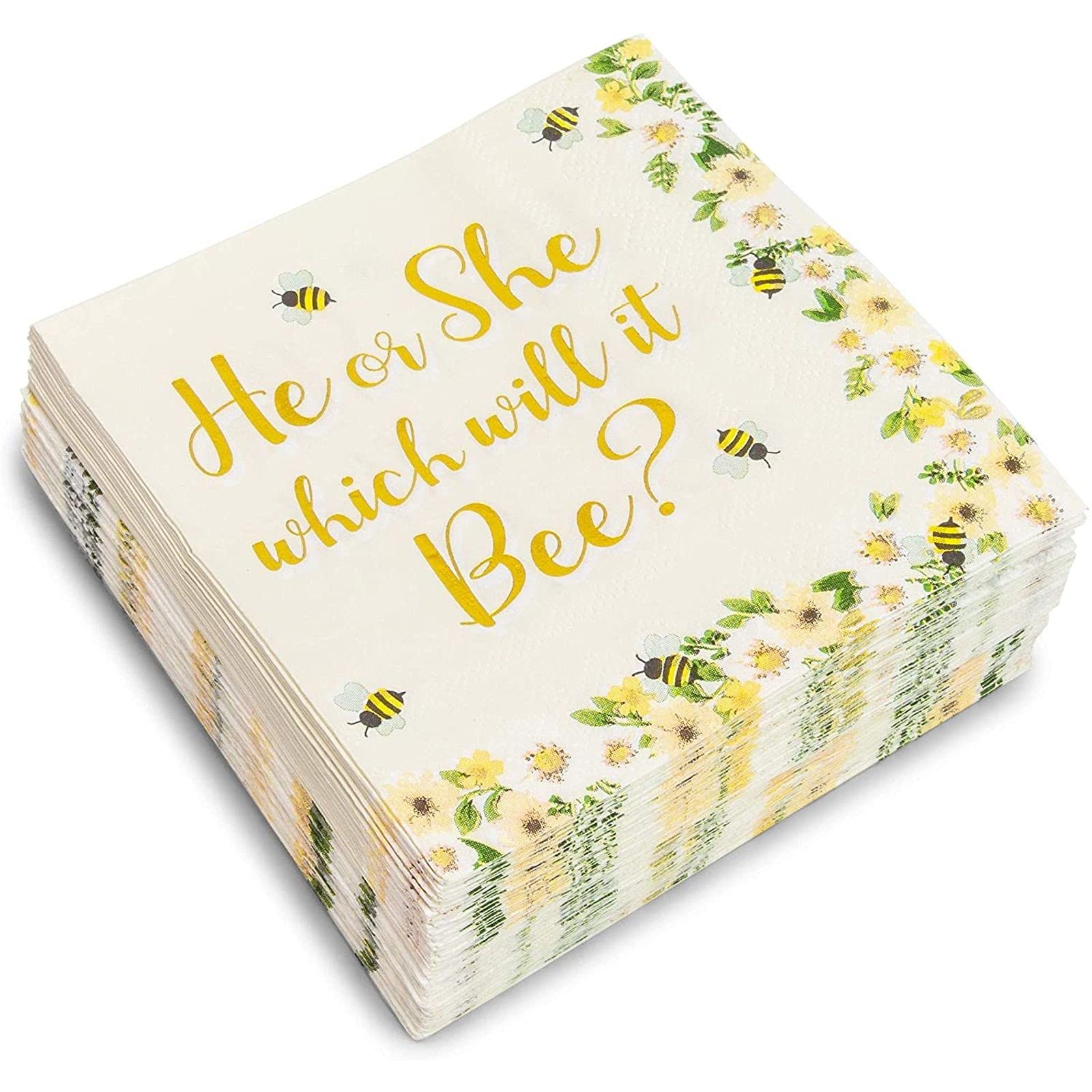 Sparkle and Bash Bee Gender Reveal Party Supplies, Paper Napkins (5 x 5 In, 50 Pack)