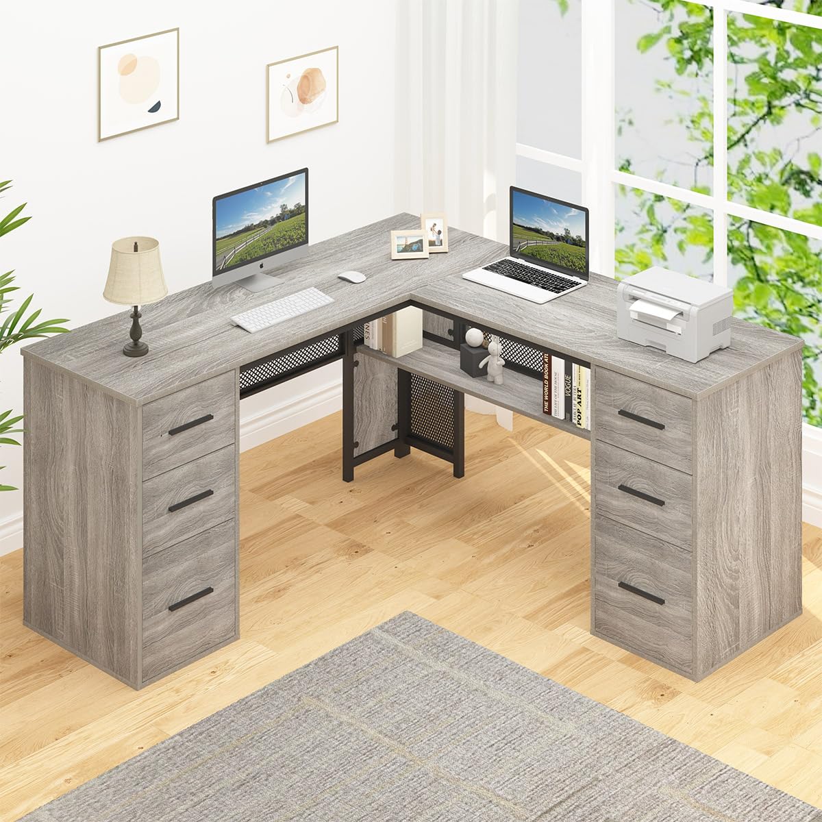 Hsh Large L Shaped Desk With Storage File Cabinet,Corner L-Shaped Computer Desk With Drawers Shelves, Home Office Bedroom Metal Wood Study Writing Table Executive Workstation, Light Grey Oak, 59 Inch