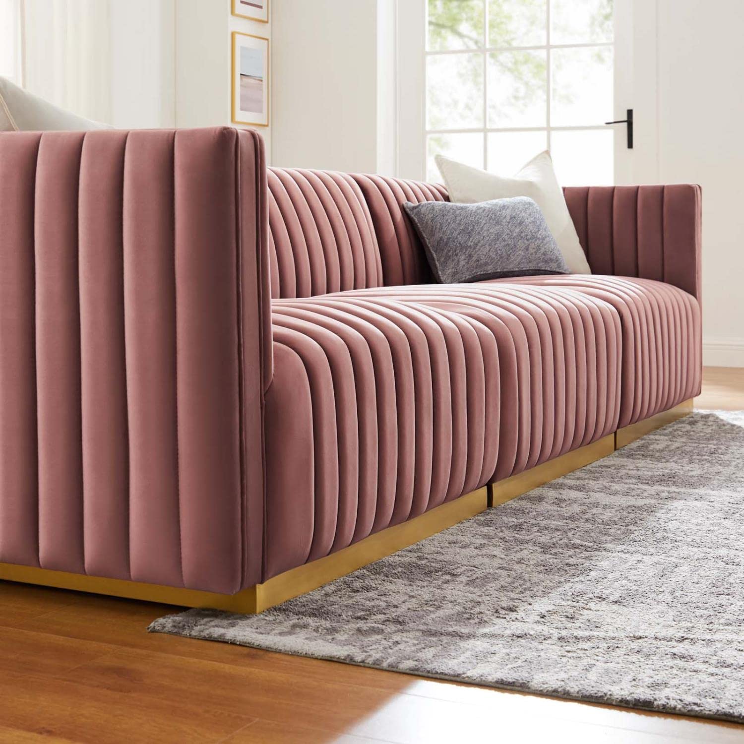 Modway Conjure Channel Tufted Performance Velvet Sofa In Gold/Dusty Rose