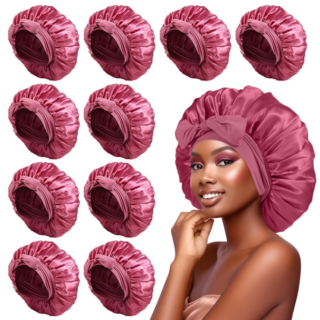 Satin Bonnet for Women Sleeping, 10 Pack, Large Capacity Hair Bonnet with Wide Elastic Tie Band, Sleep Cap (Rosy)