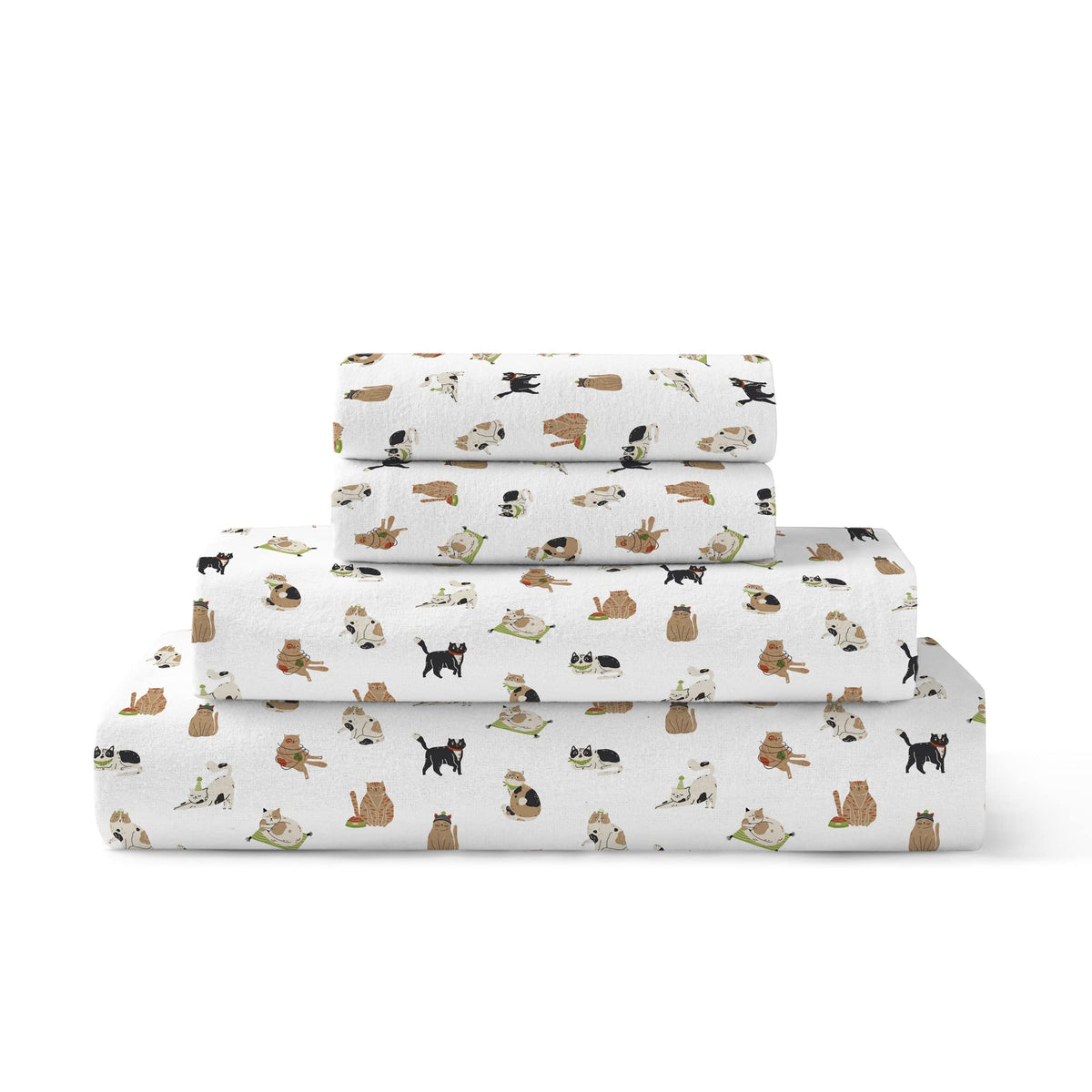 Brielle Home Flannel Sheet Set Cotton Soft Warm & Cozy Modern Chic With Elastic Deep Pockets, California King, Cats