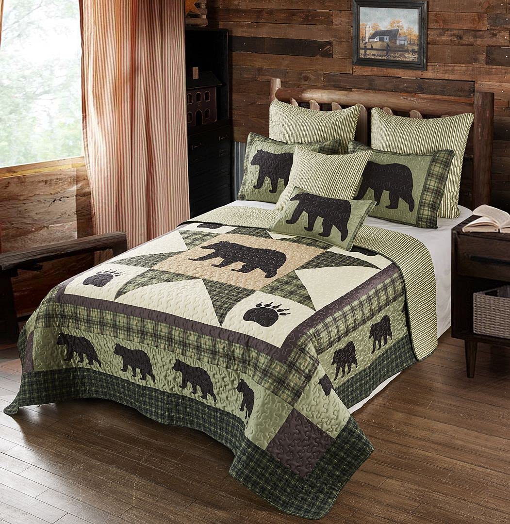 Virah Bella 3 Piece Queen Lodge Quilt Bedding Set - Diamond Bear Lodge - Rustic Cabin Country Reversible Camping Comforter Set W