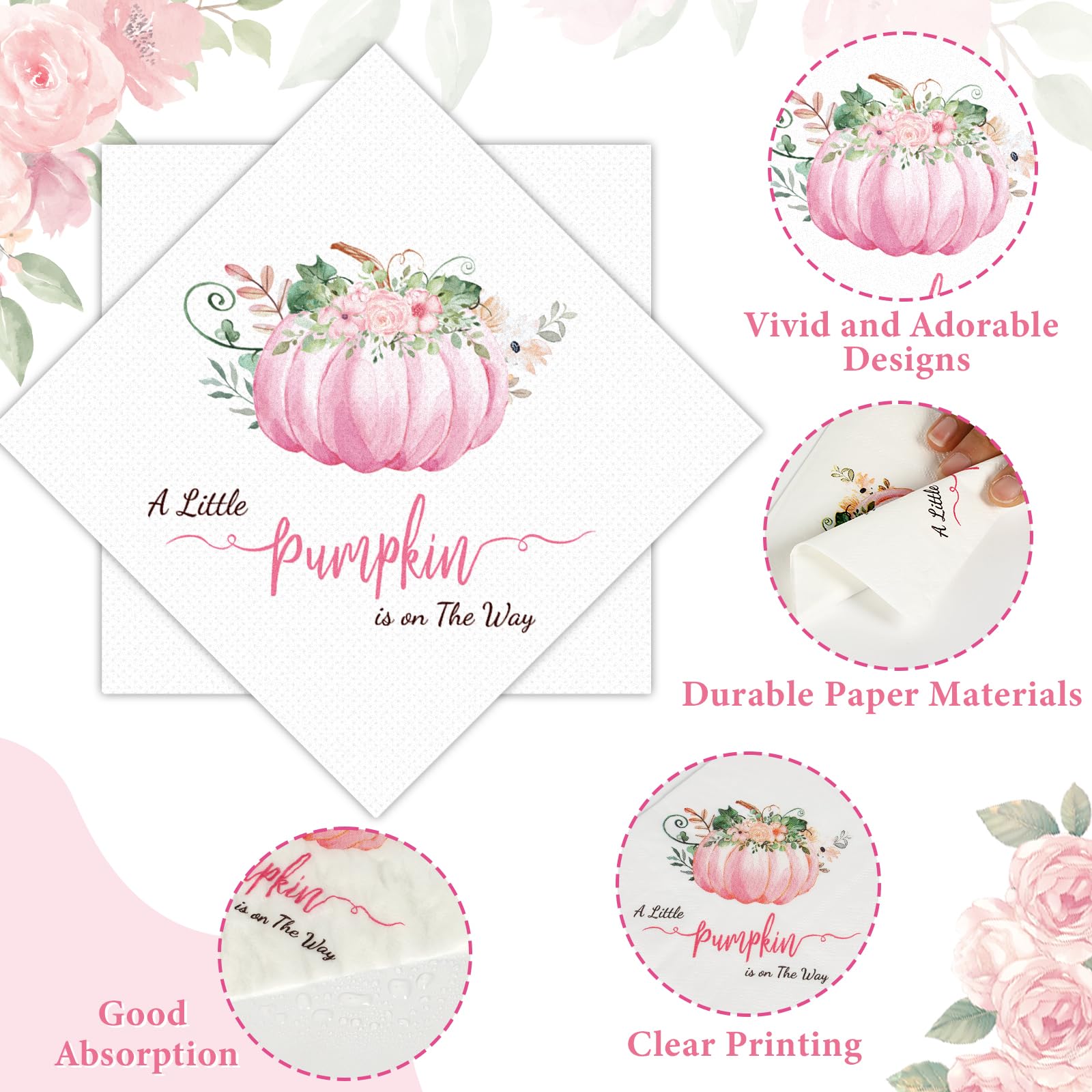 50 Pack Pink A Little Pumpkin Is On The Way Paper Napkins Little Pumpkin Baby Shower Disposable Hand Towel Guest Napkin For Girl
