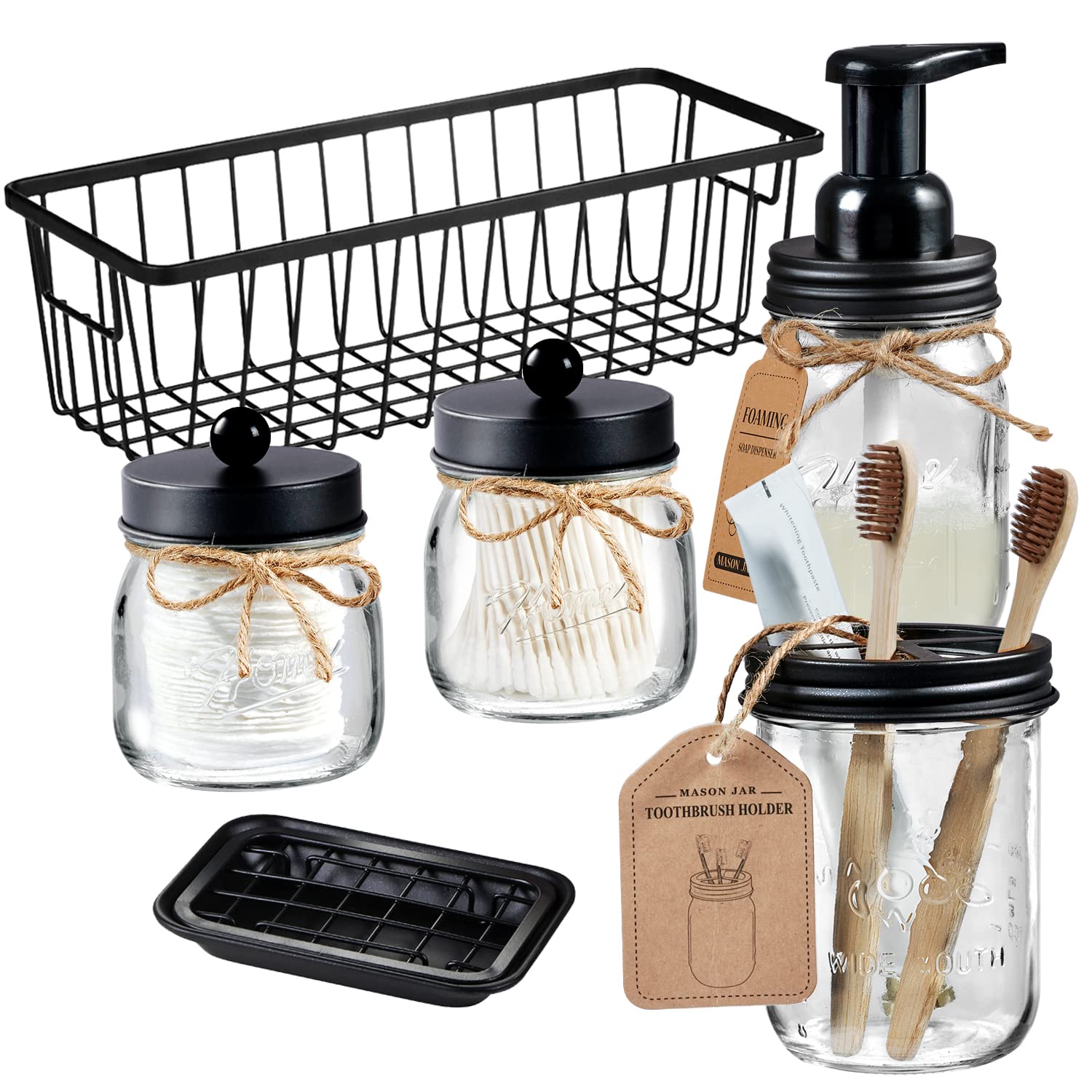Mason Jar Bathroom Accessories Set(6PCS) - Foaming Soap Dispenser,Toothbrush Holder,Qtip Holder,Apothecary Jars, Soap Dish,Metal