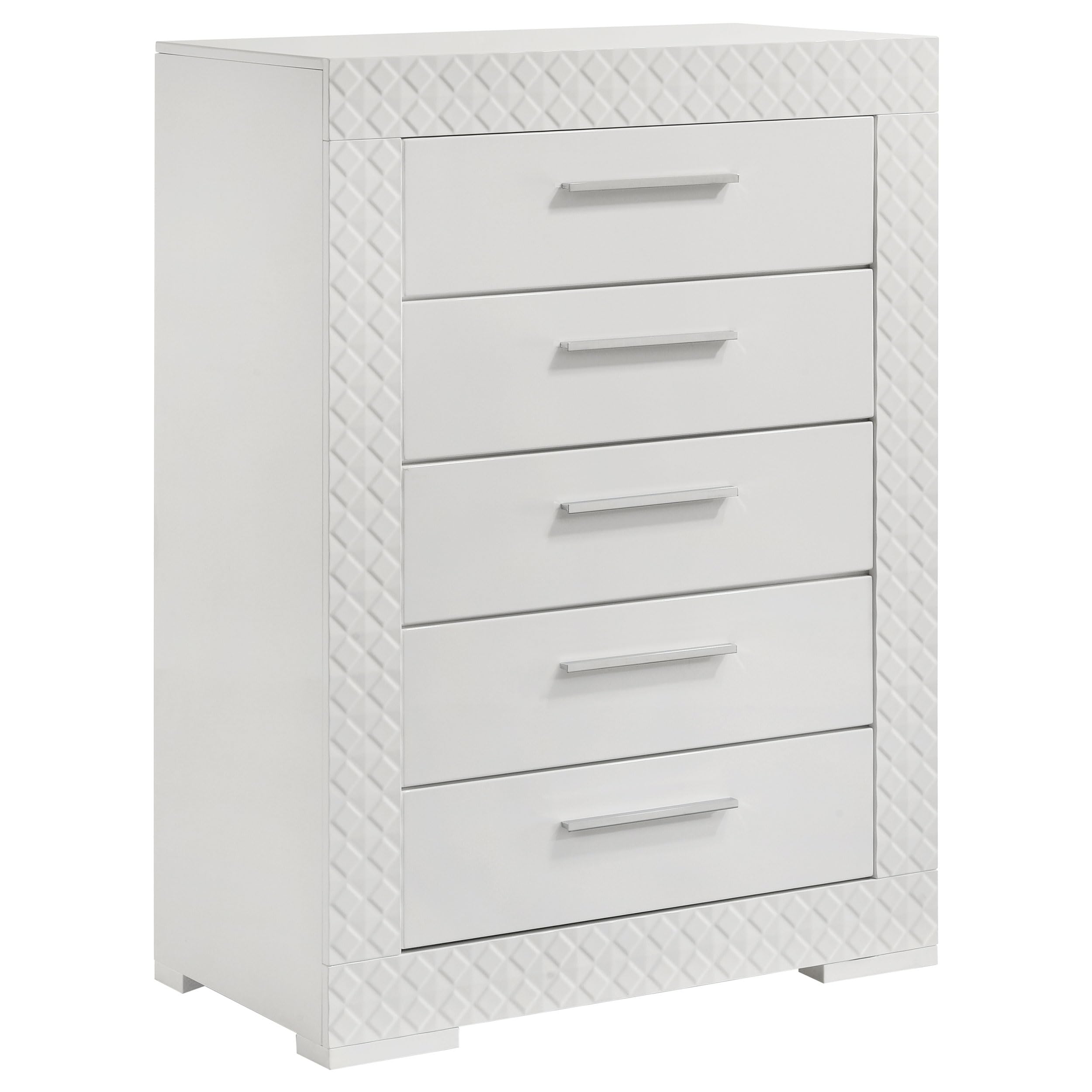 Coaster Home Furnishings Ives Contemporary Wood 5-Drawer Bedroom Chest of Drawers Chiffonier Clothing Storage Cabinet Bedroom Armoire Tall Dresser Organizer Unit White High Gloss 224945