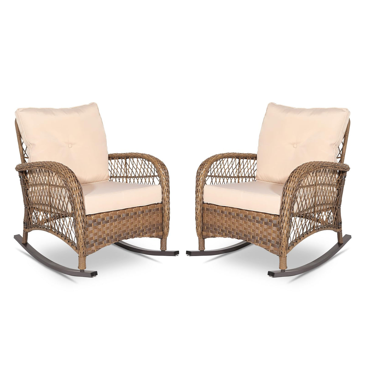 Vivijason 2 Piece Patio Wicker Rattan Rocker Chair, Outdoor Rattan Rocker Chair With Cushions & Steel Frame, All-Weather Rocking Lawn Wicker Furniture For Garden Backyard Porch (Beige)